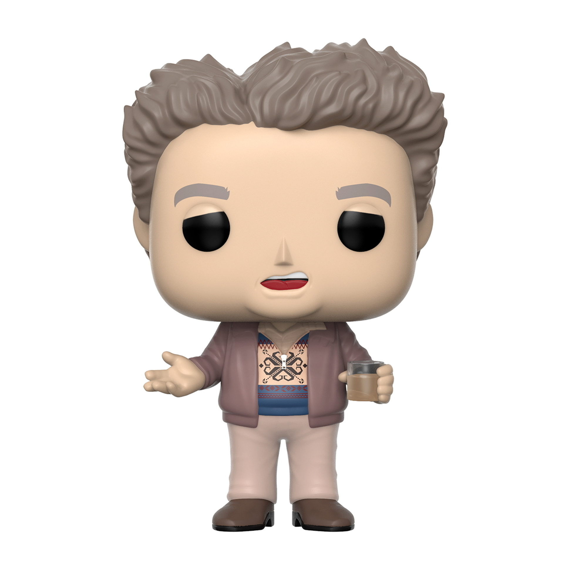 Funko Pop mężczyzny z siwymi włosami, brązowej kurtce i wzorzystej koszuli, trzymającego szklankę.