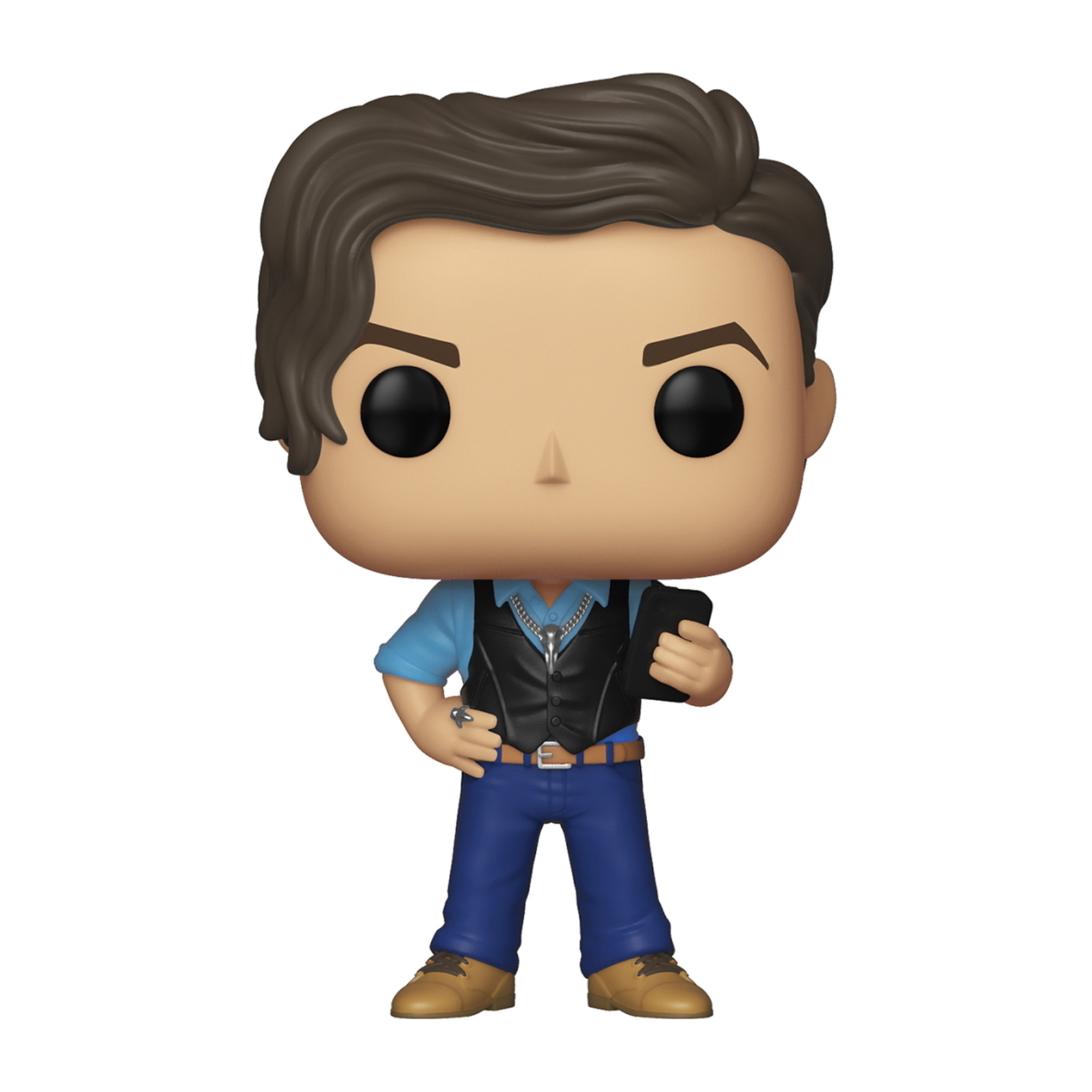Personaggio Funko Pop uomo, tiene un tablet, indossa un gilet e una camicia blu.