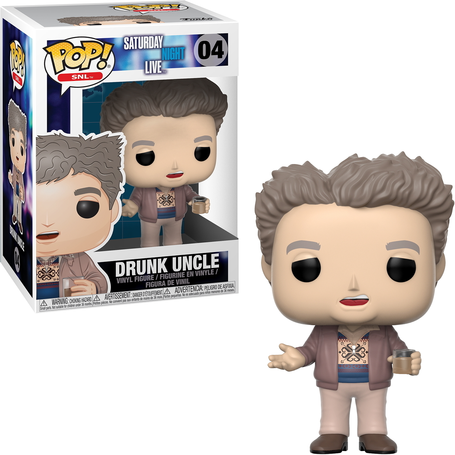 Figurka Funko Pop Drunk Uncle w pudełku. Figurka to mężczyzna z siwymi włosami, w brązowej kurtce.