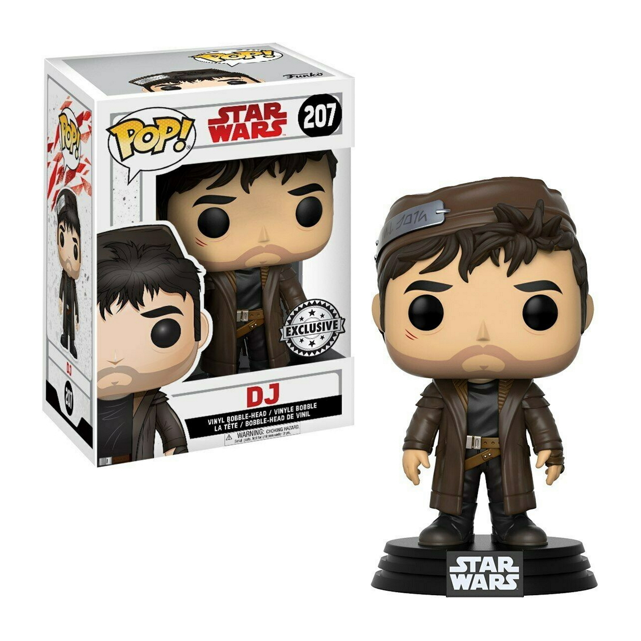 DJ Figur aus Star Wars in brauner Kleidung, steht auf schwarzer Basis, mit einer Box.