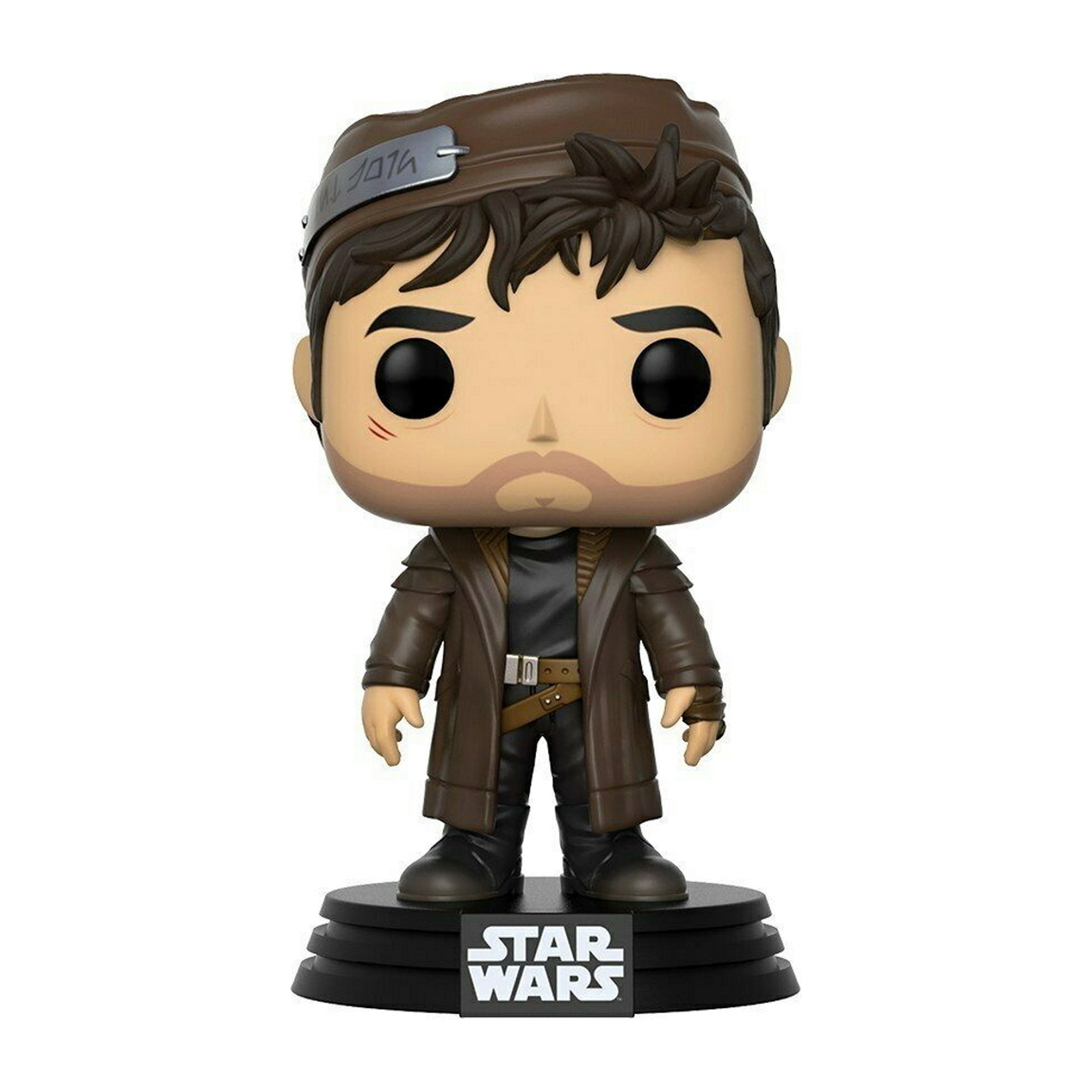 Männliche Funko Pop Figur mit braunem Mantel, Star Wars Basis und Kopfbedeckung.