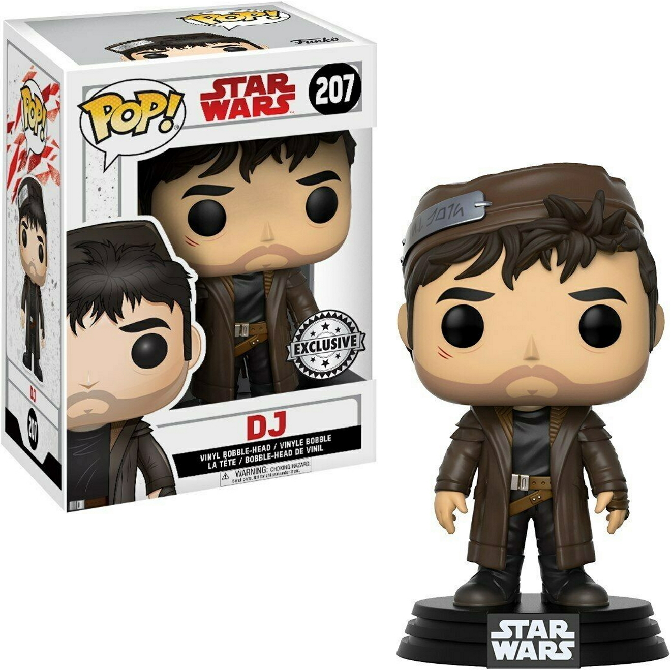 DJ Star Wars Funko Pop Figur. Braune Jacke, braune Haare und ein schwarzer Ständer mit Star Wars Text.