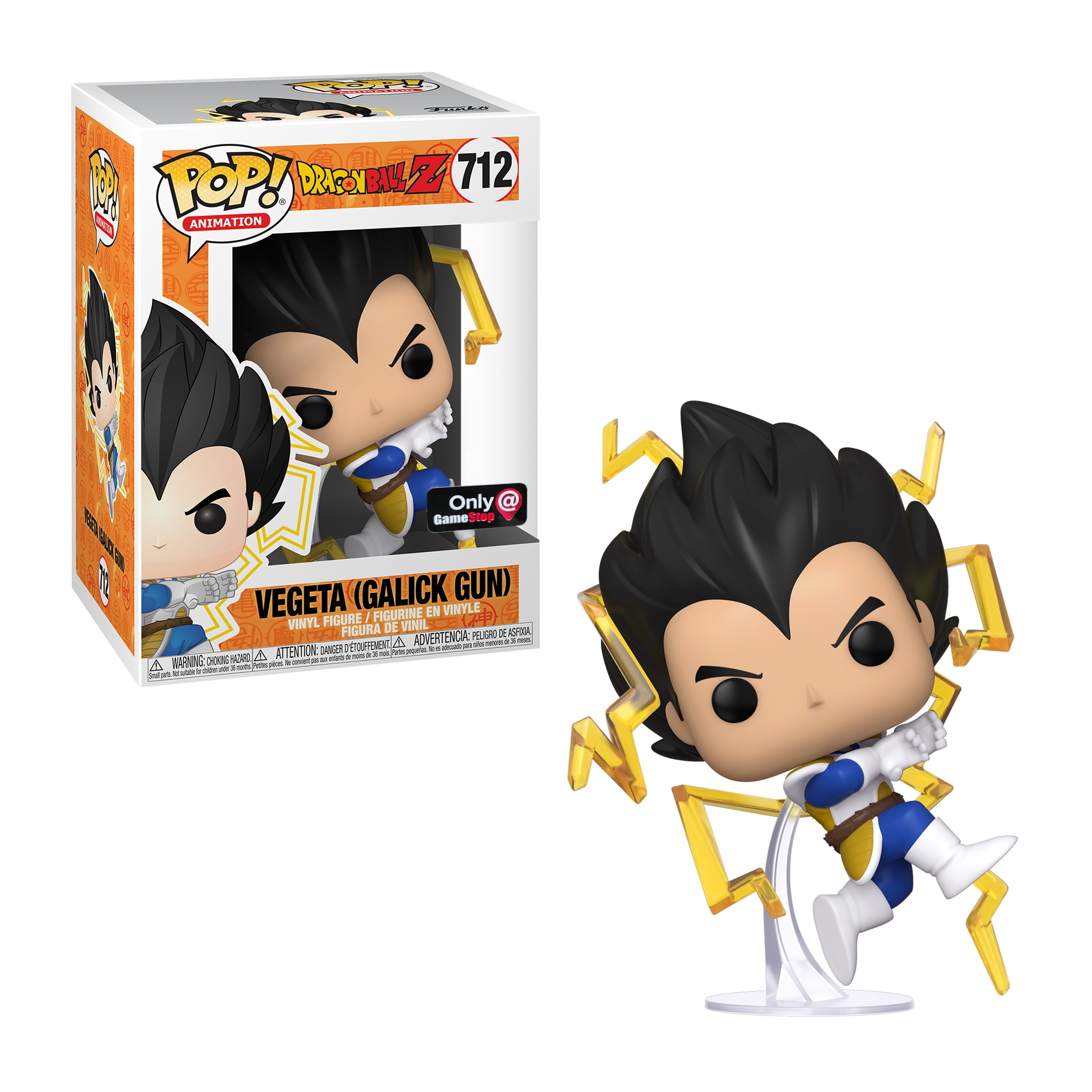 Vegeta-Figur aus Dragon Ball Z in einer Box. Die Figur steht auf einem Ständer mit gelben Blitzen. Die Box hat ein Bild von Vegeta.