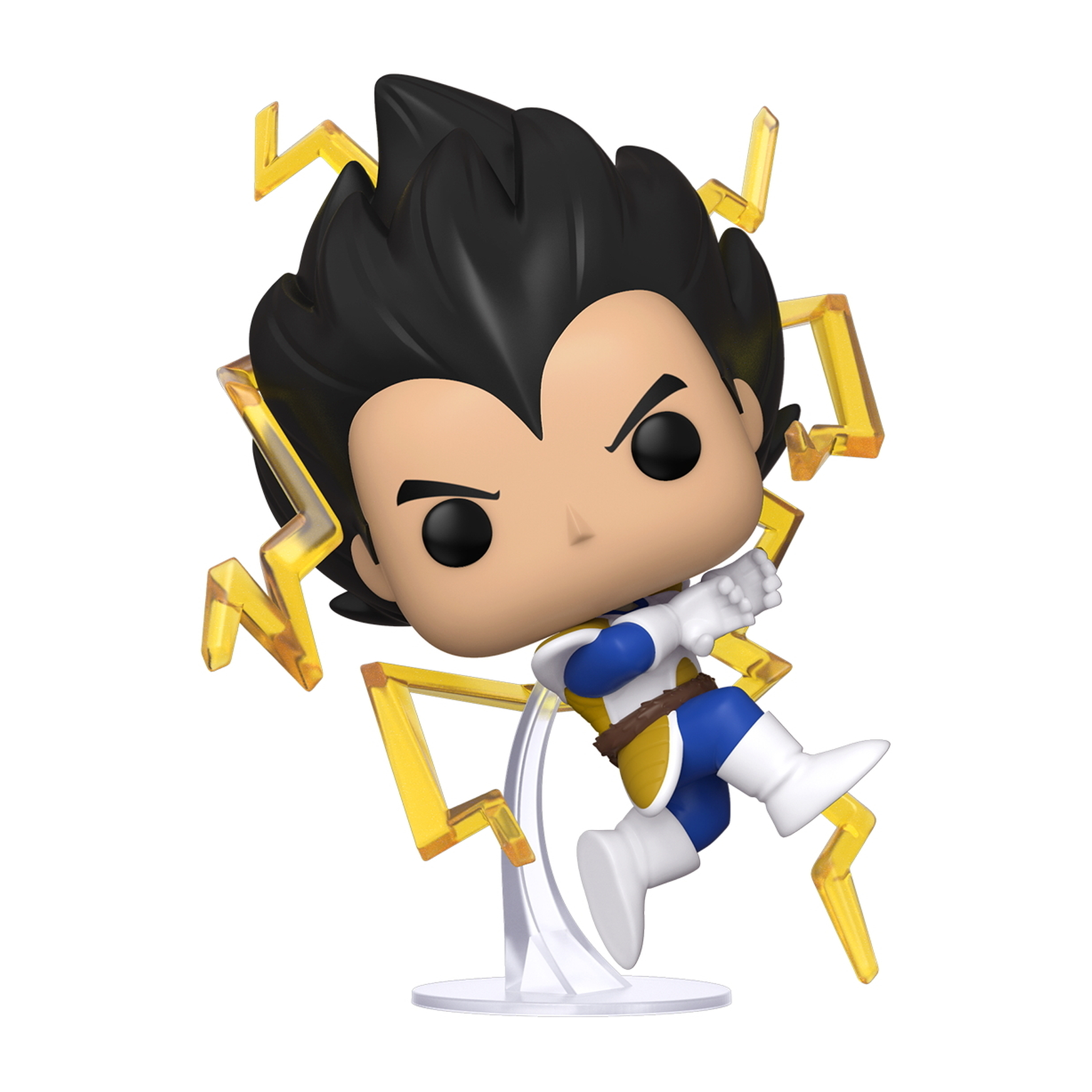 Vegeta Figur in dynamischer Pose. Gelbe Blitze um ihn herum. Weißer Hintergrund.