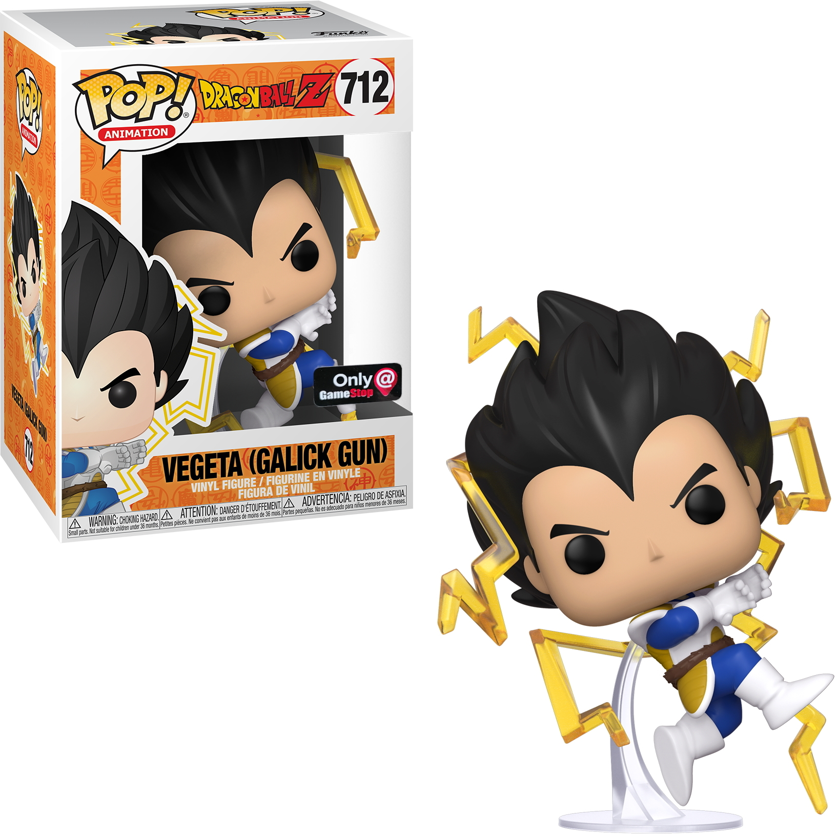 Vegeta Funko Pop Figur mit Galick Gun Pose, gelbe Energie, vor der Box.