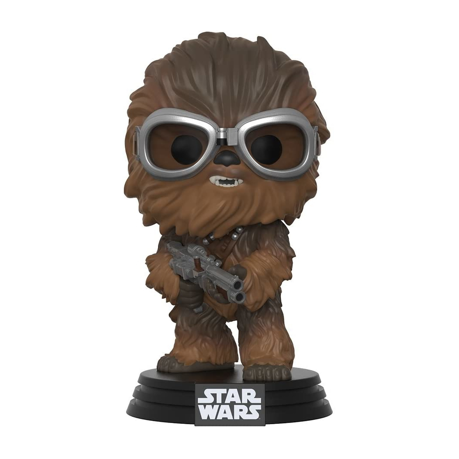 Chewbacca Funko Pop Figur. Er ist braun mit einer Brille und einer Waffe.