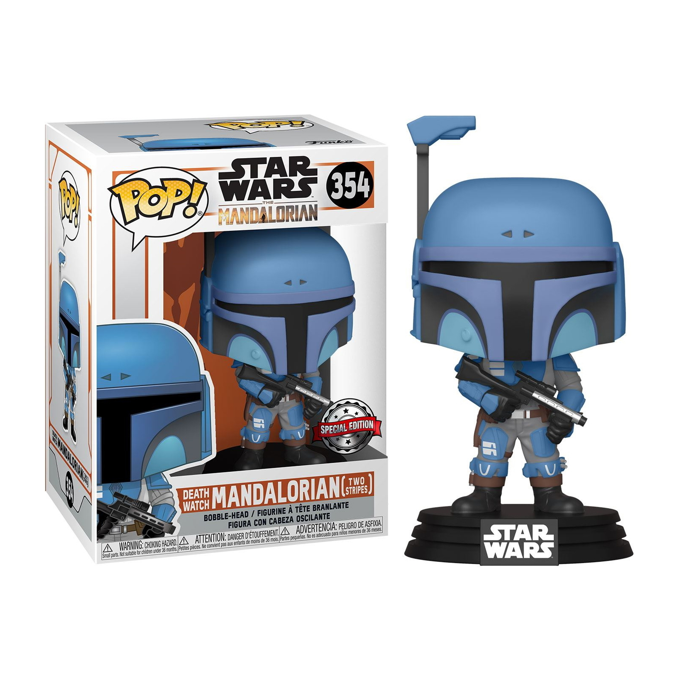 Mandalorian Funko Pop Figur. Blaue Rüstung, Helm, Blaster-Gewehr und ein schwarzer Ständer.