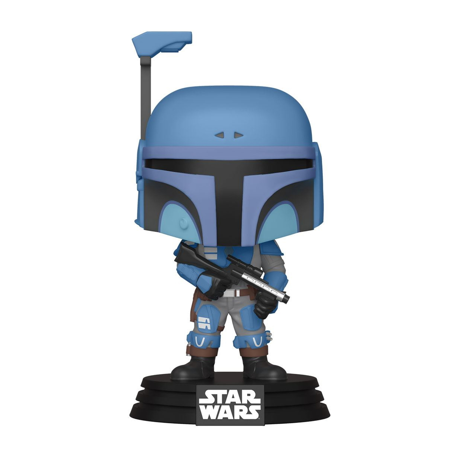 Star Wars Mandalorian Funko Pop. Blauer Helm, Rüstung und Waffe. Schwarze Basis mit Logo.
