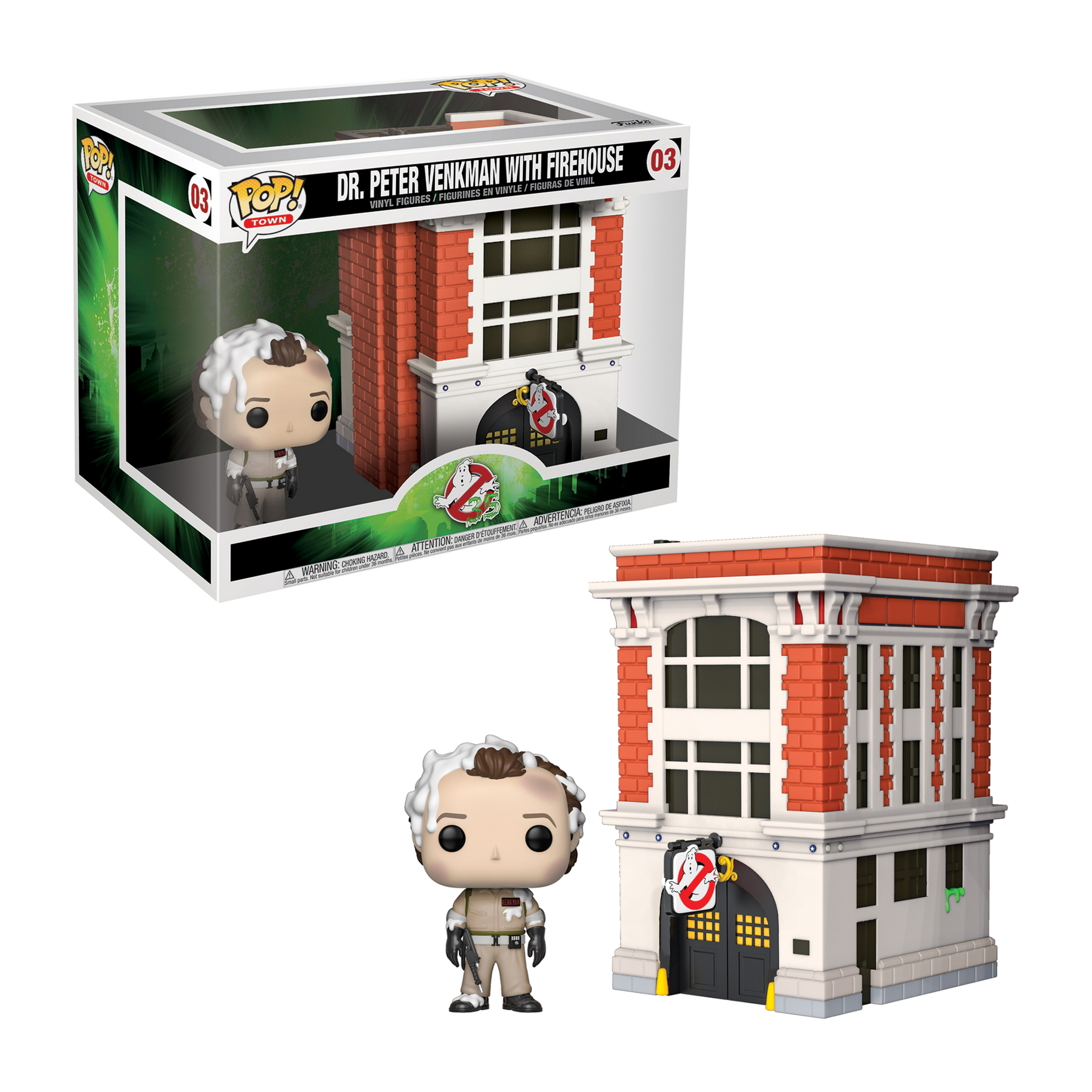 Dr. Peter Venkman mit Firehouse Funko Pop Figur in einer Box und als Figur, neben dem Feuerwehrhaus.