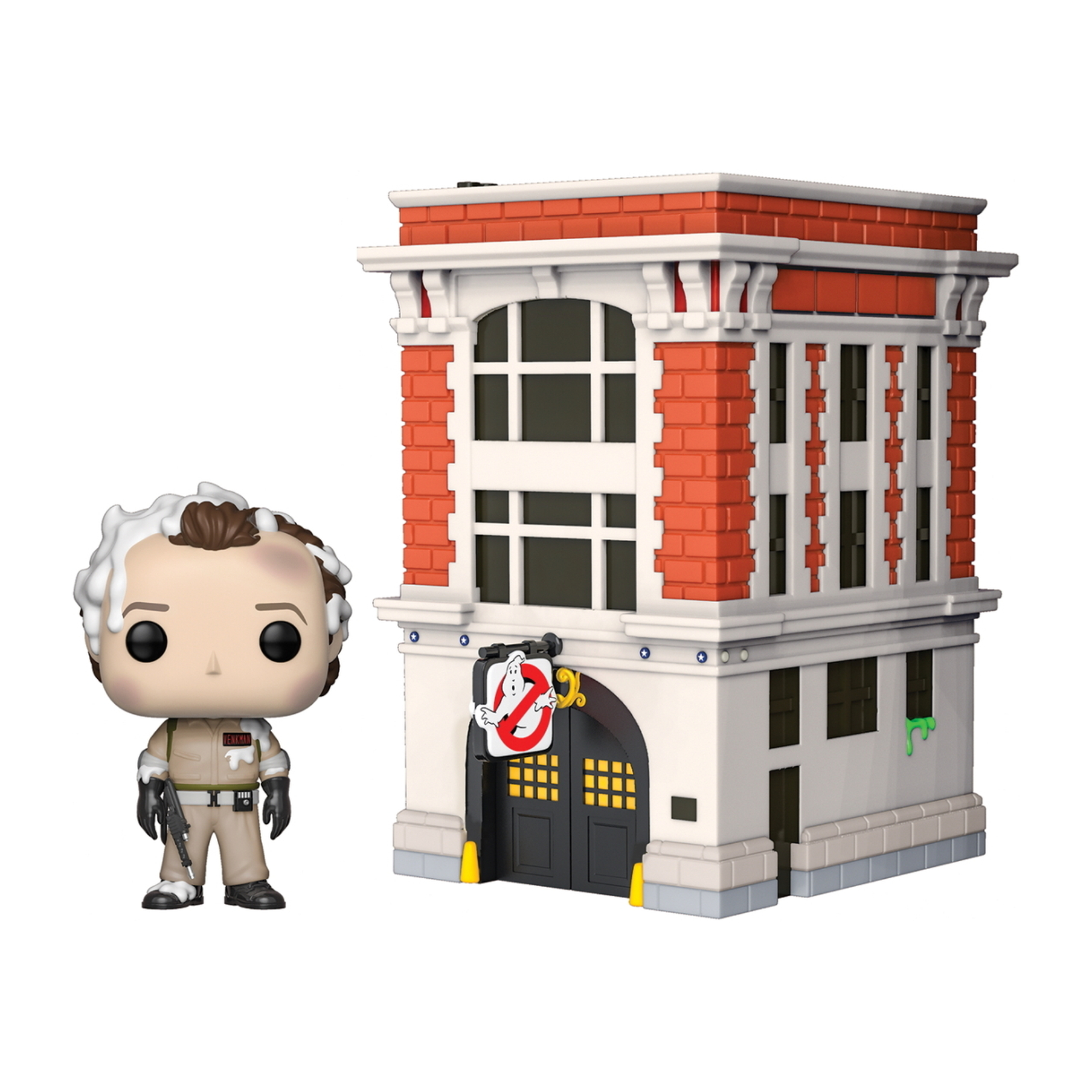 Ghostbusters Feuerwehrhaus Funko Pop! mit einer Figur eines Ghostbusters in Uniform.