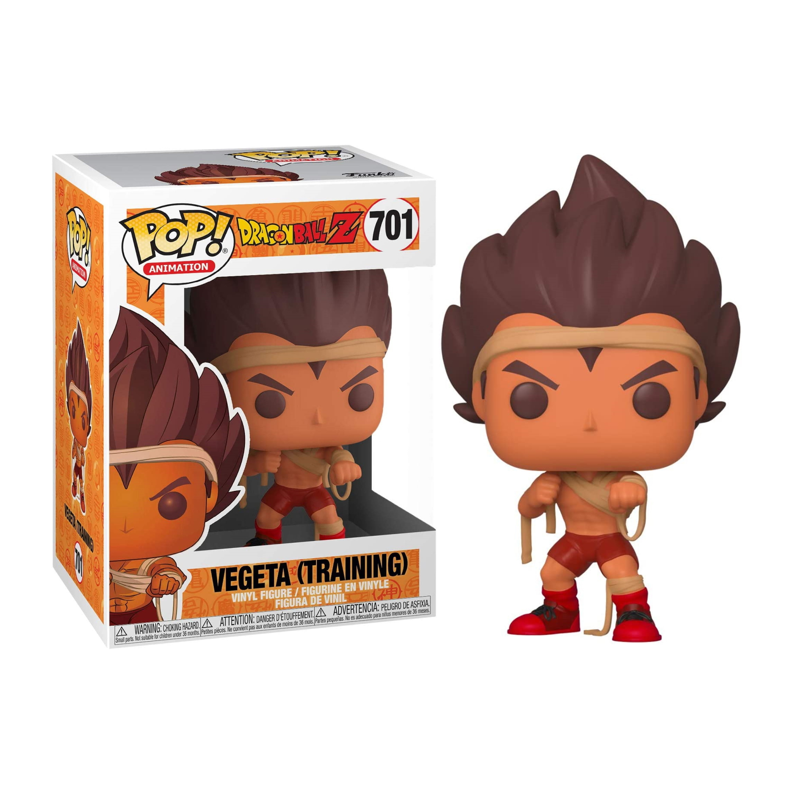 Vegeta Funko Pop Figur. Er ist ohne Hemd, trägt rote Shorts und ein Stirnband. Isoliert auf Weiß.