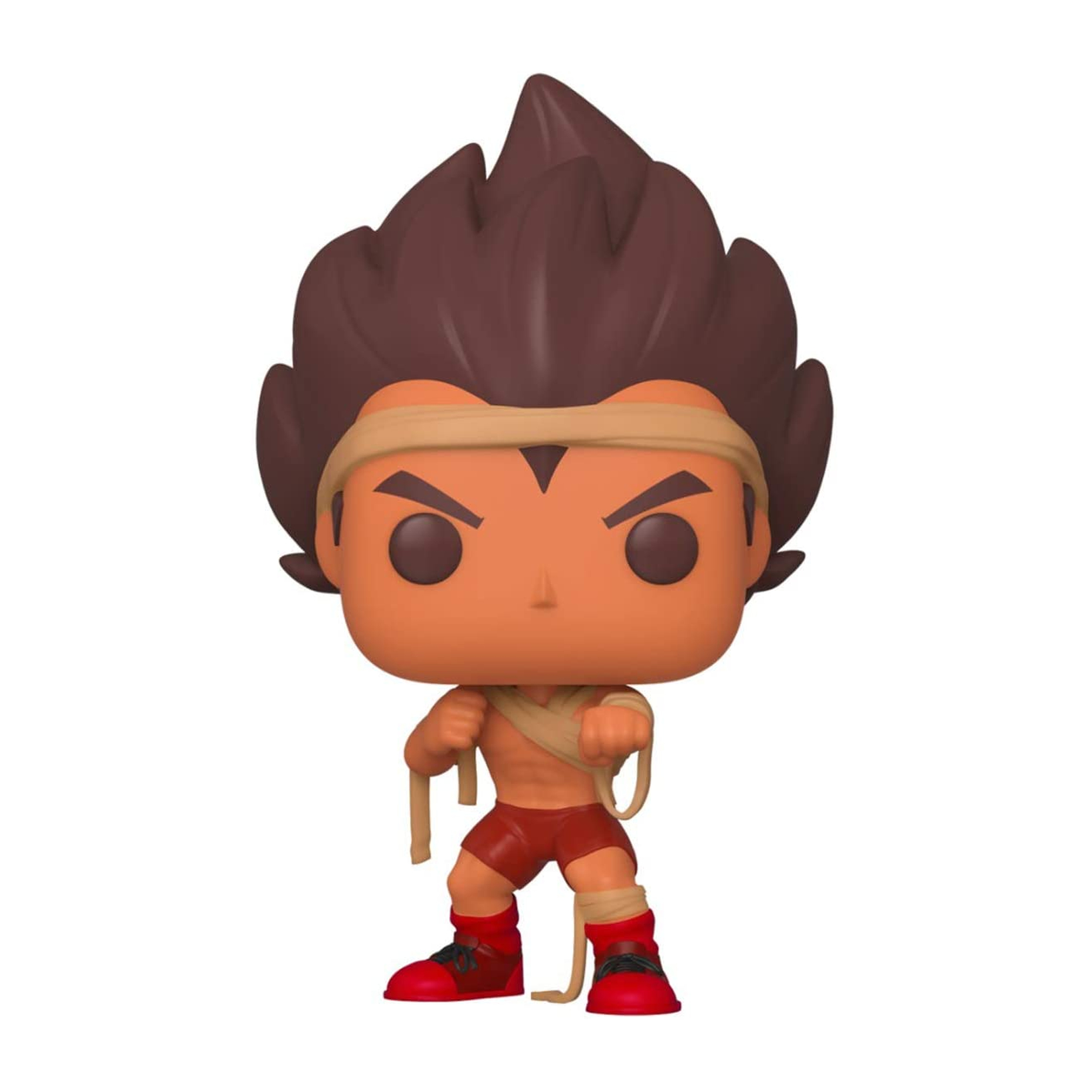 Eine Figur eines Kämpfers mit braunen Haaren, Stirnband, roten Shorts und Bandagen. Die Figur hat einen wütenden Ausdruck.