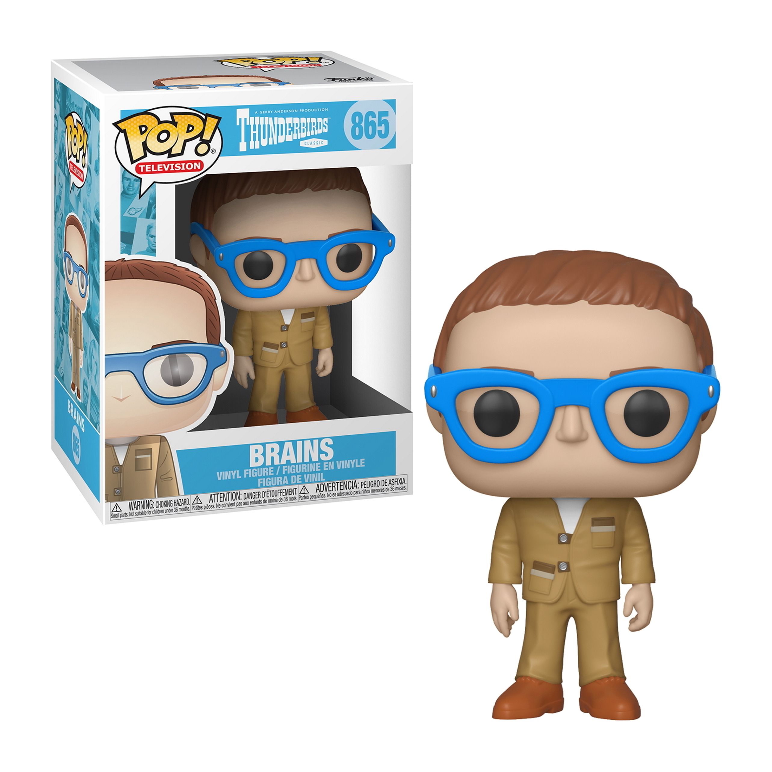 Figurka Brains Funko Pop. Brązowy garnitur, niebieskie okulary, brązowe włosy. Białe tło.