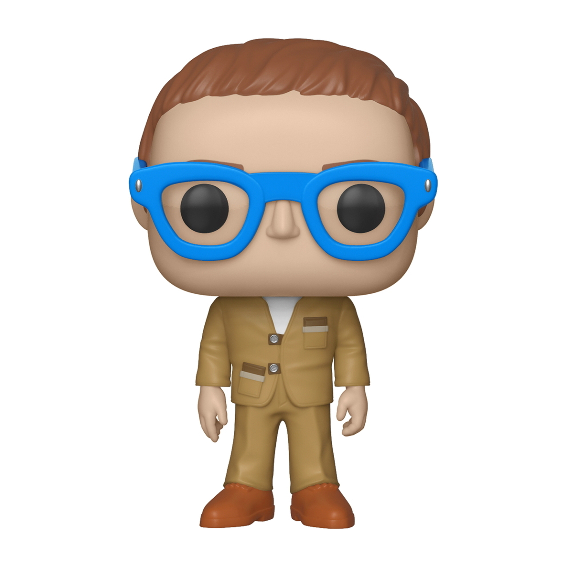 Figurka Funko Pop mężczyzny z brązowymi włosami, niebieskimi okularami i beżowym garniturem, na białym tle.