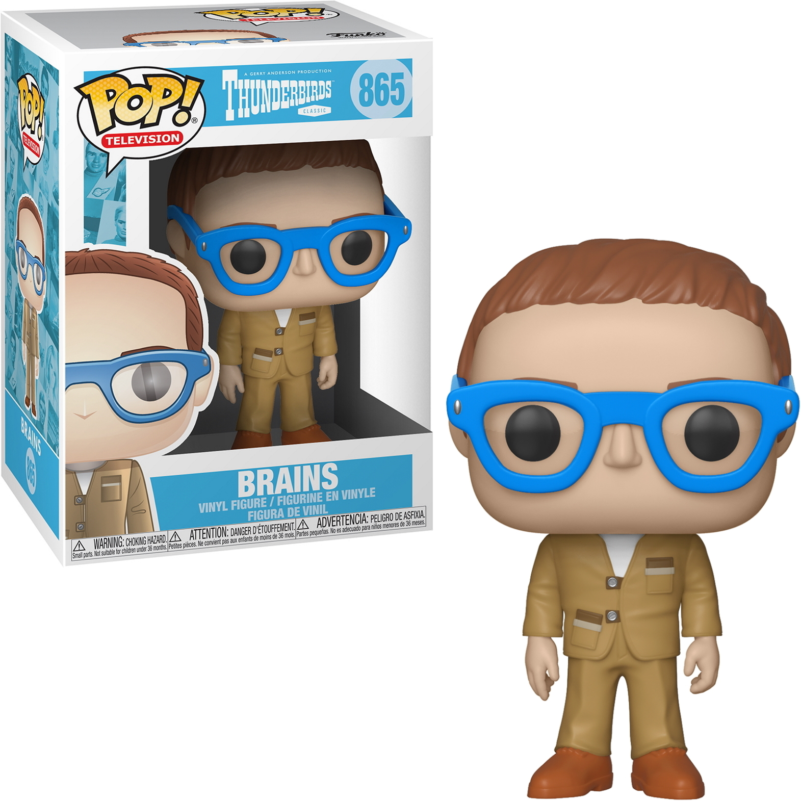 Figurka Funko Pop Brains z Thunderbirds, w okularach i garniturze, z pudełkiem obok.