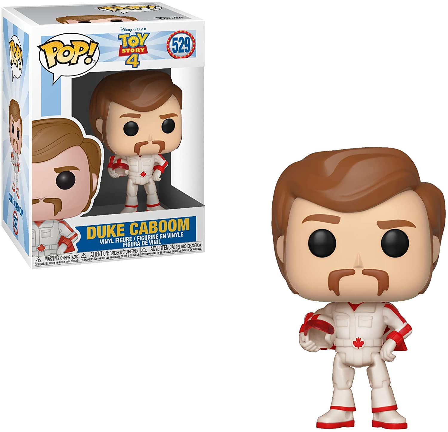 Funko Pop von Duke Caboom aus Toy Story 4, in einem weißen Anzug mit kanadischer Flagge.