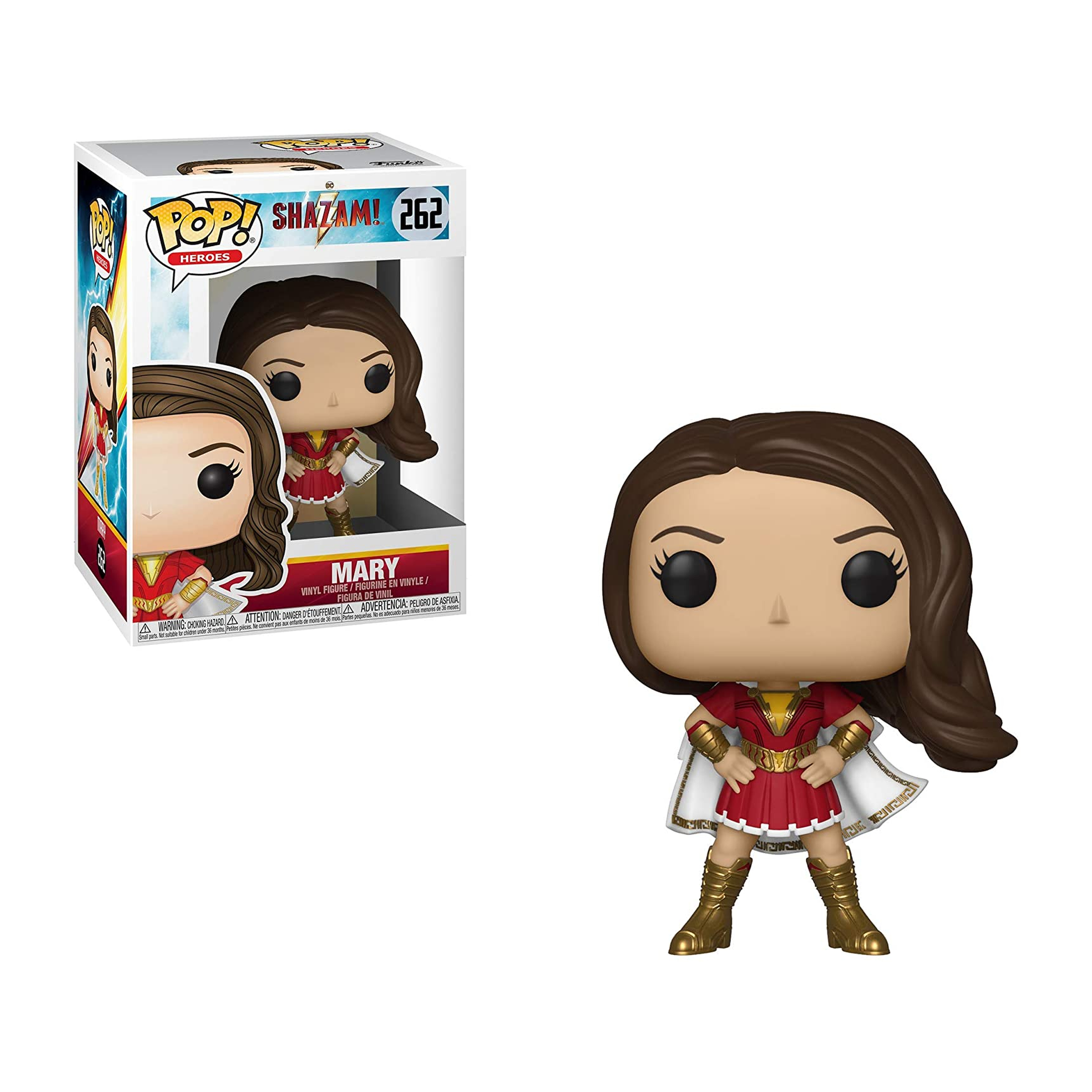 Figura di Mary Marvel. Indossa un completo rosso con mantello bianco e stivali dorati. Capelli castani.