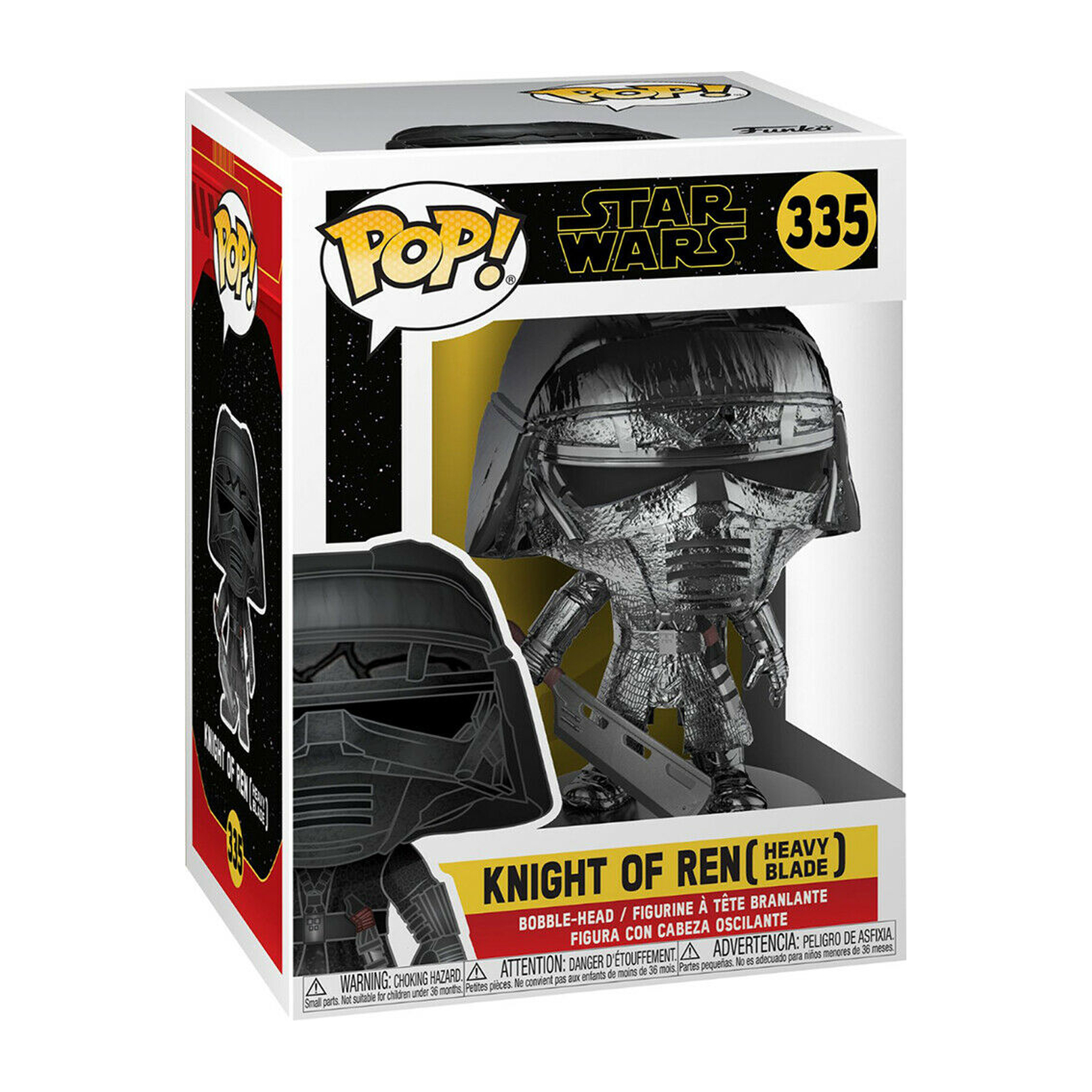 Eine Star Wars Knight of Ren Figur in einer Box. Die Figur hat einen Helm und eine Waffe.