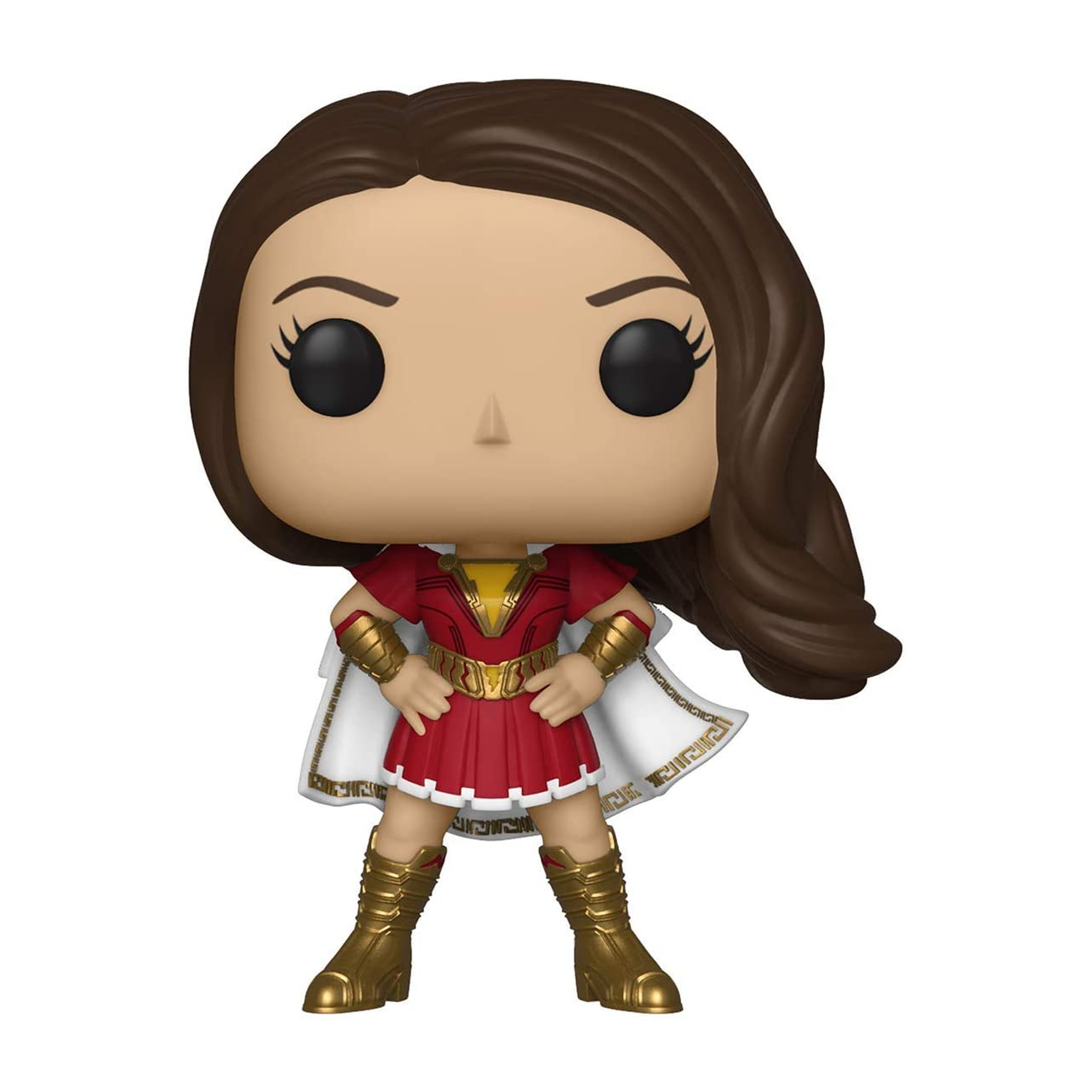 Shazam! Figura Funko Pop. Indossa un vestito rosso e un mantello bianco con dettagli dorati.