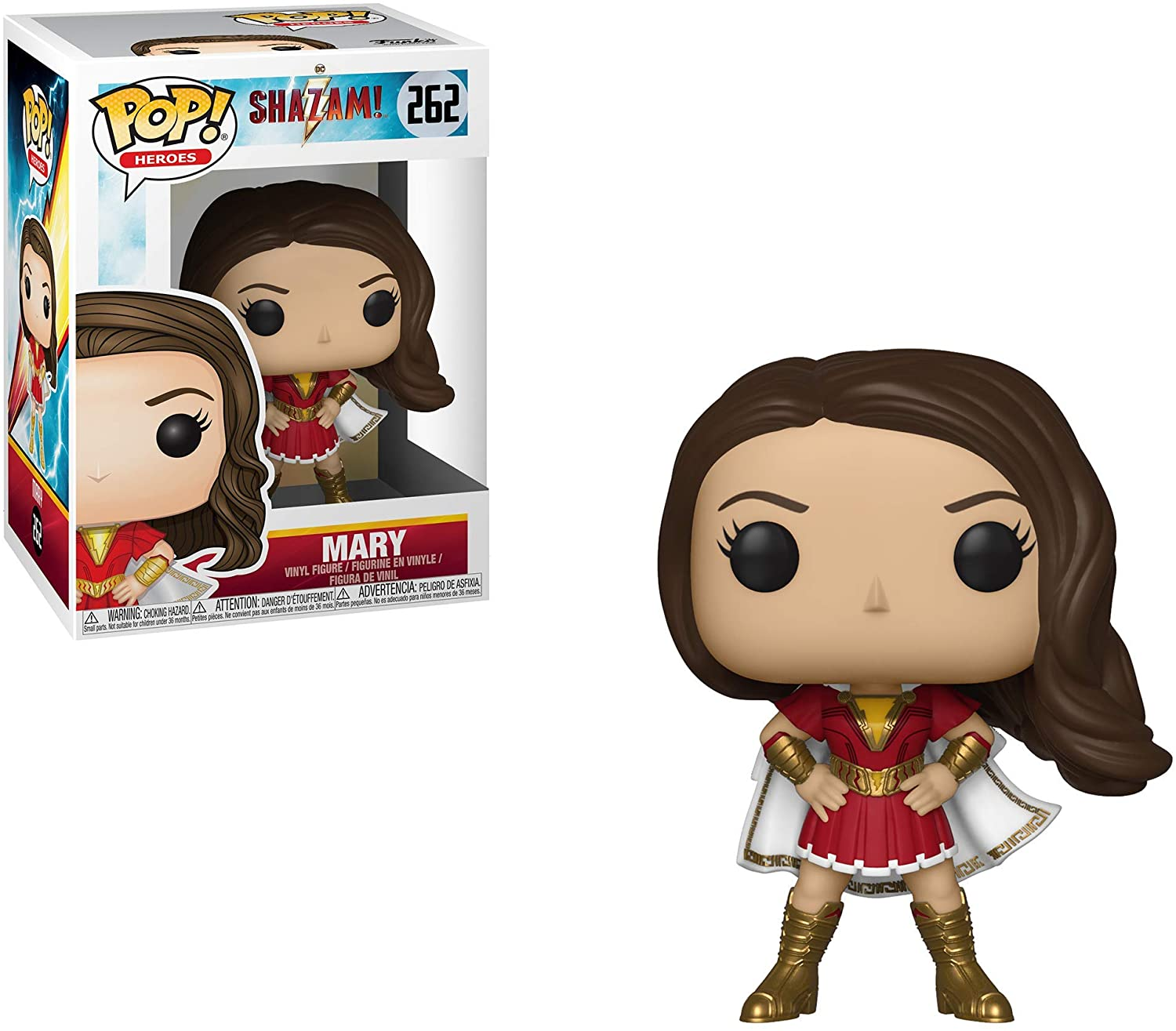 Funko Pop di Mary Shazam con capelli castani, vestito rosso e mantello bianco.