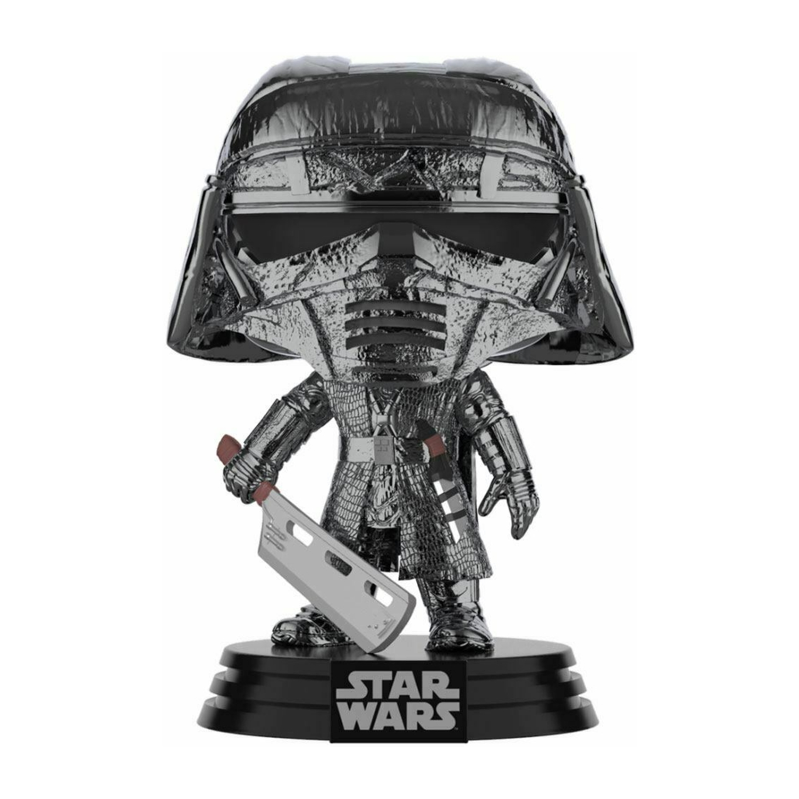 Star Wars Kylo Ren Funko Pop Figur, silberne Rüstung, hält ein Hackmesser. Schwarze Basis mit Logo.