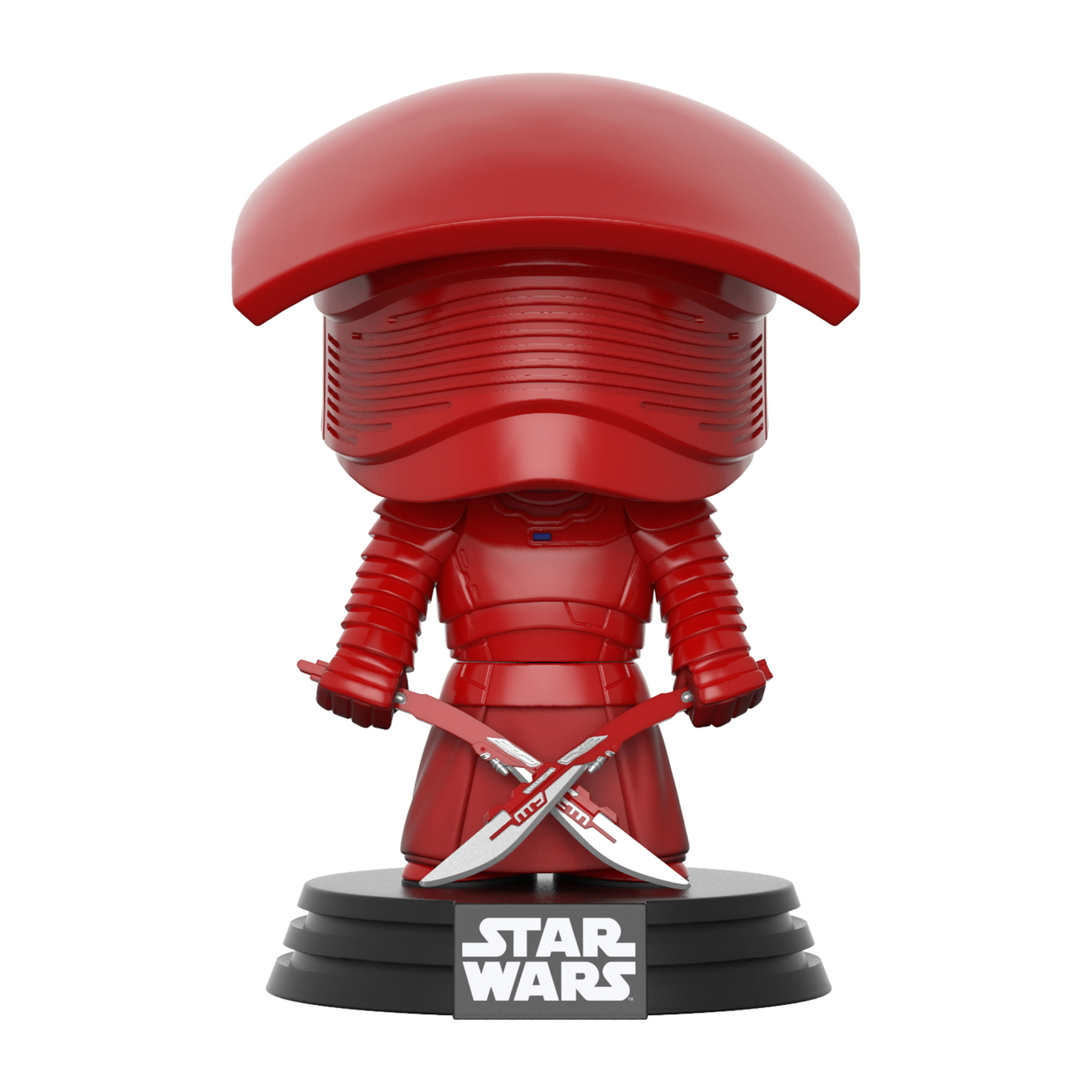 Eine rote Star Wars Figur eines Prätorianer-Wächters. Mit gekreuzten Schwertern auf schwarzem Sockel.
