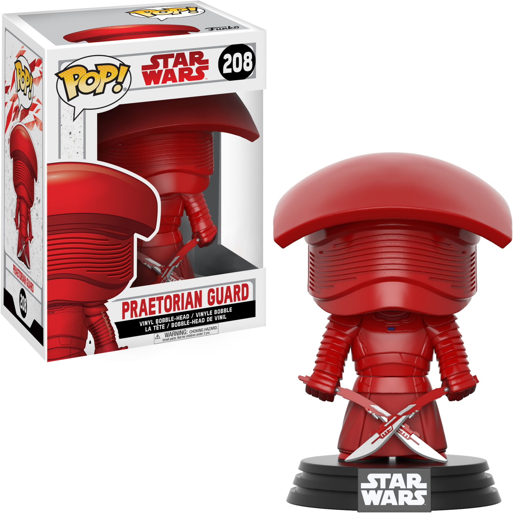 Eine rote Praetorian Guard Funko Pop Figur mit zwei Schwertern, neben ihrer Schachtel.