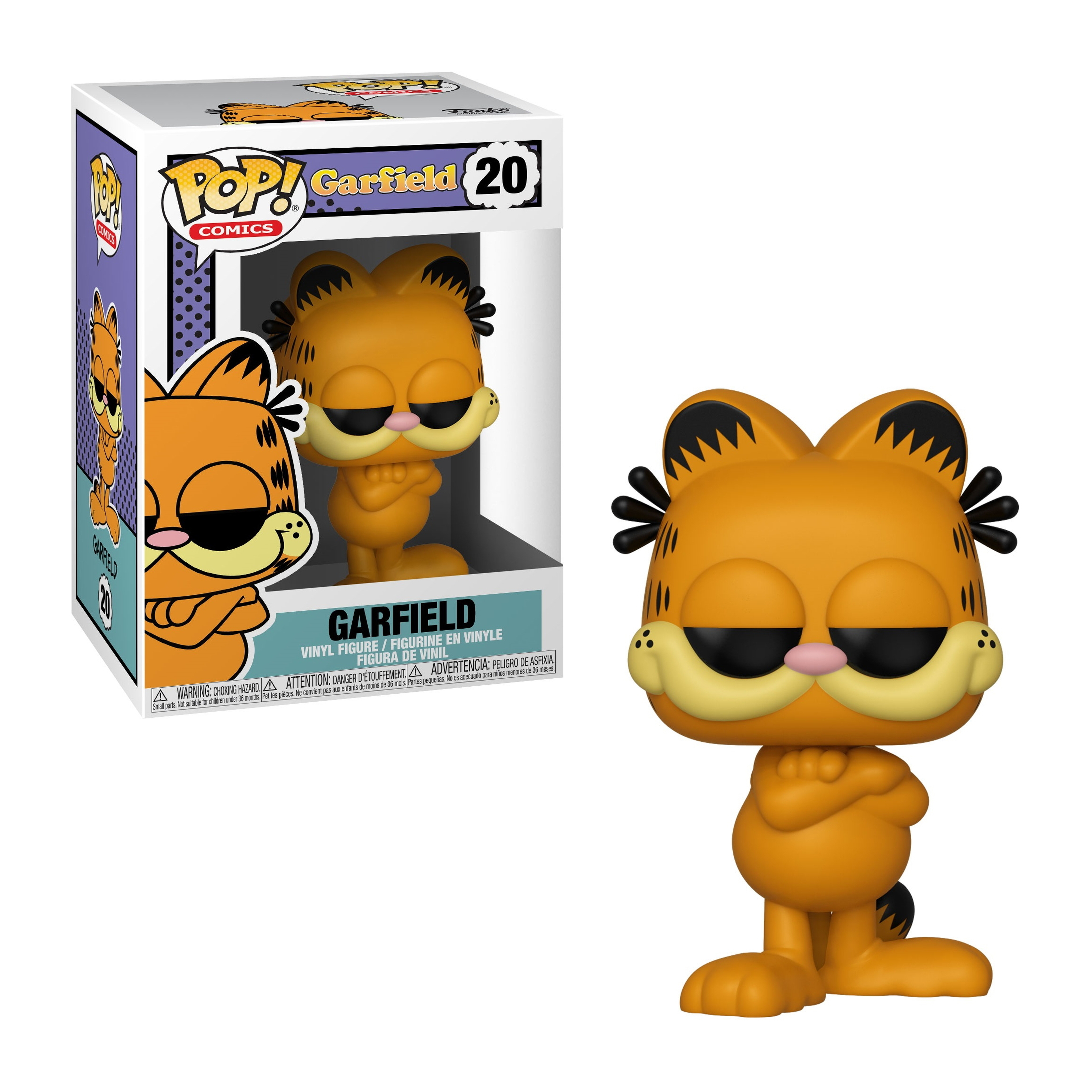 Figura Garfield Funko Pop, arancione, braccia incrociate, faccia arrabbiata.