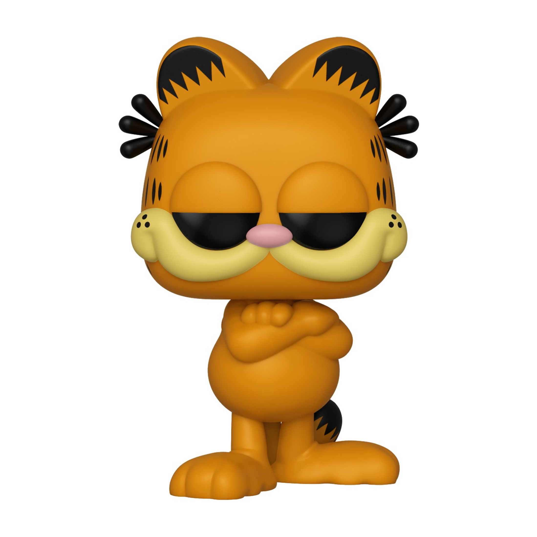 Figura di Garfield con le braccia conserte, corpo arancione, orecchie nere e occhi chiusi.