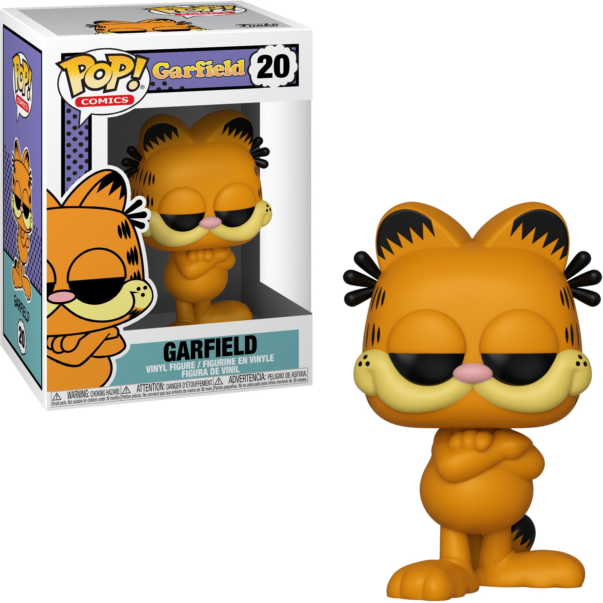 Personaggio Funko Pop di Garfield con scatola. Il gatto arancione è seduto, con le braccia incrociate.