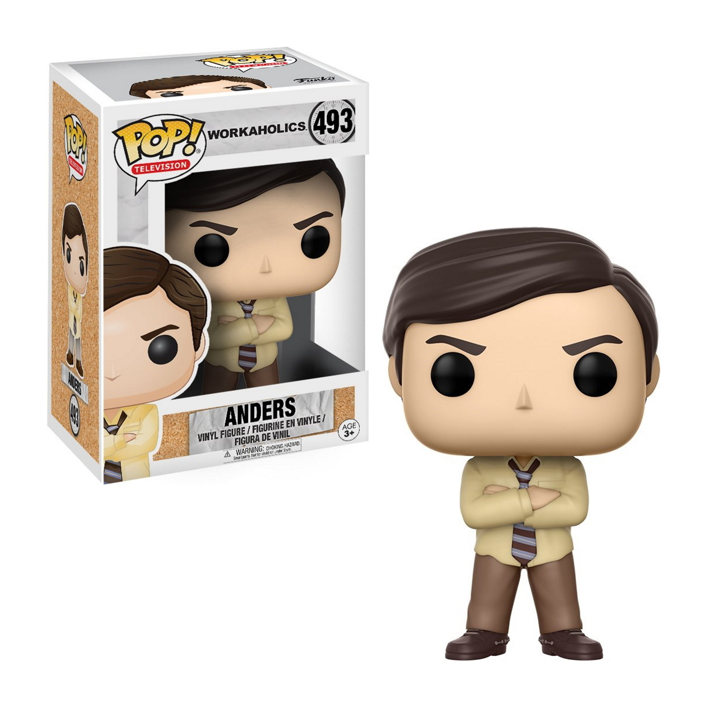 Anders Funko Pop! Figur. Braune Haare, beiges Hemd, gestreifte Krawatte, Arme verschränkt, braune Hose.