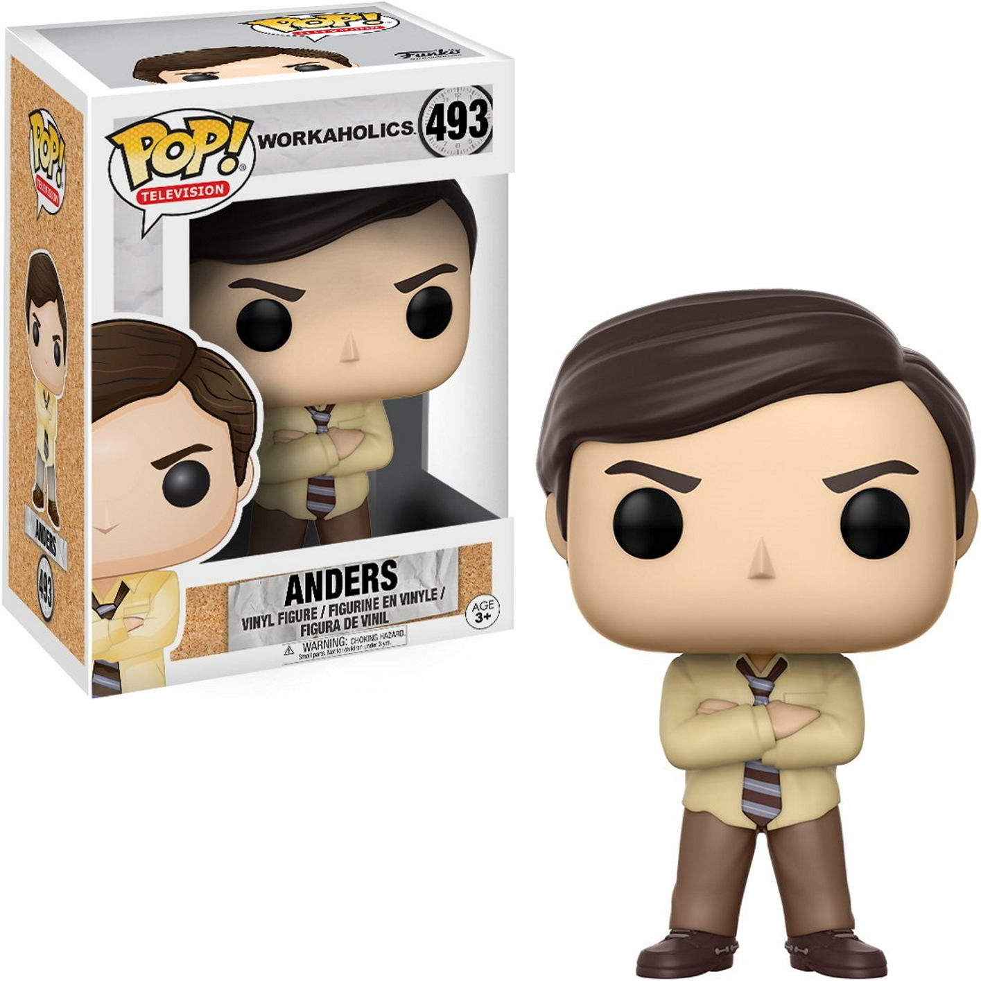 Eine Funko Pop Figur von Anders aus Workaholics in einer Box. Anders hat ein Hemd und eine Krawatte.