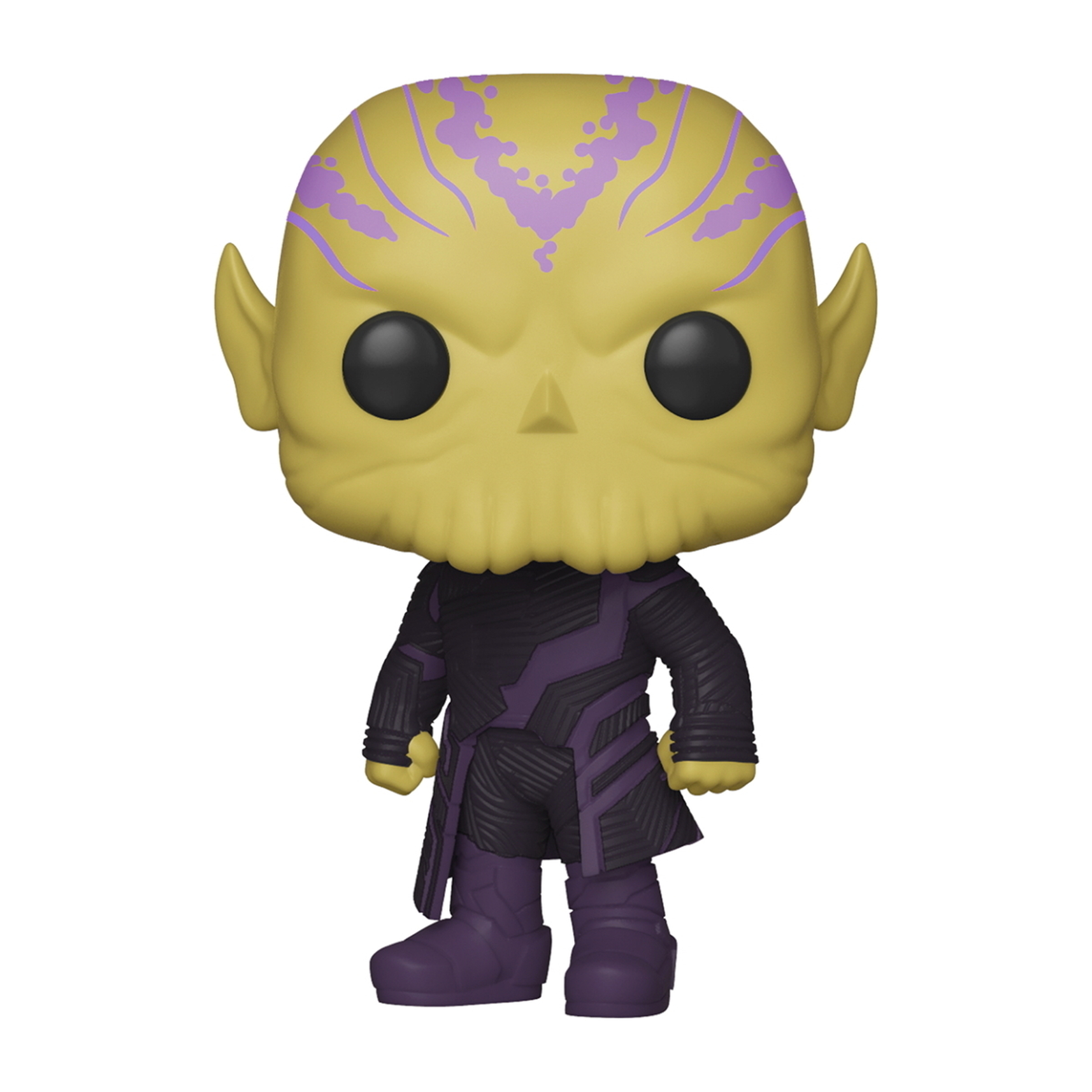 Figura Funko Pop di un alieno giallo. Segni viola sulla testa e un abito nero.
