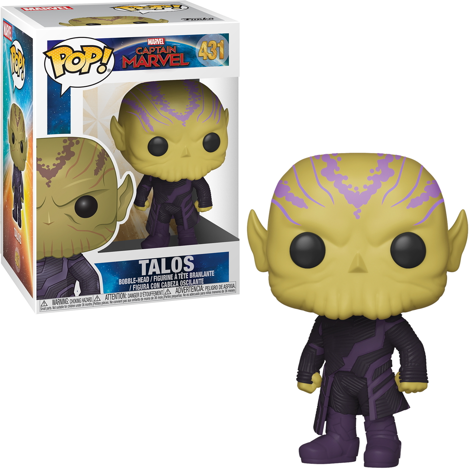 Figura Funko Pop di Talos con testa gialla, segni viola e tuta. In scatola con logo Marvel.
