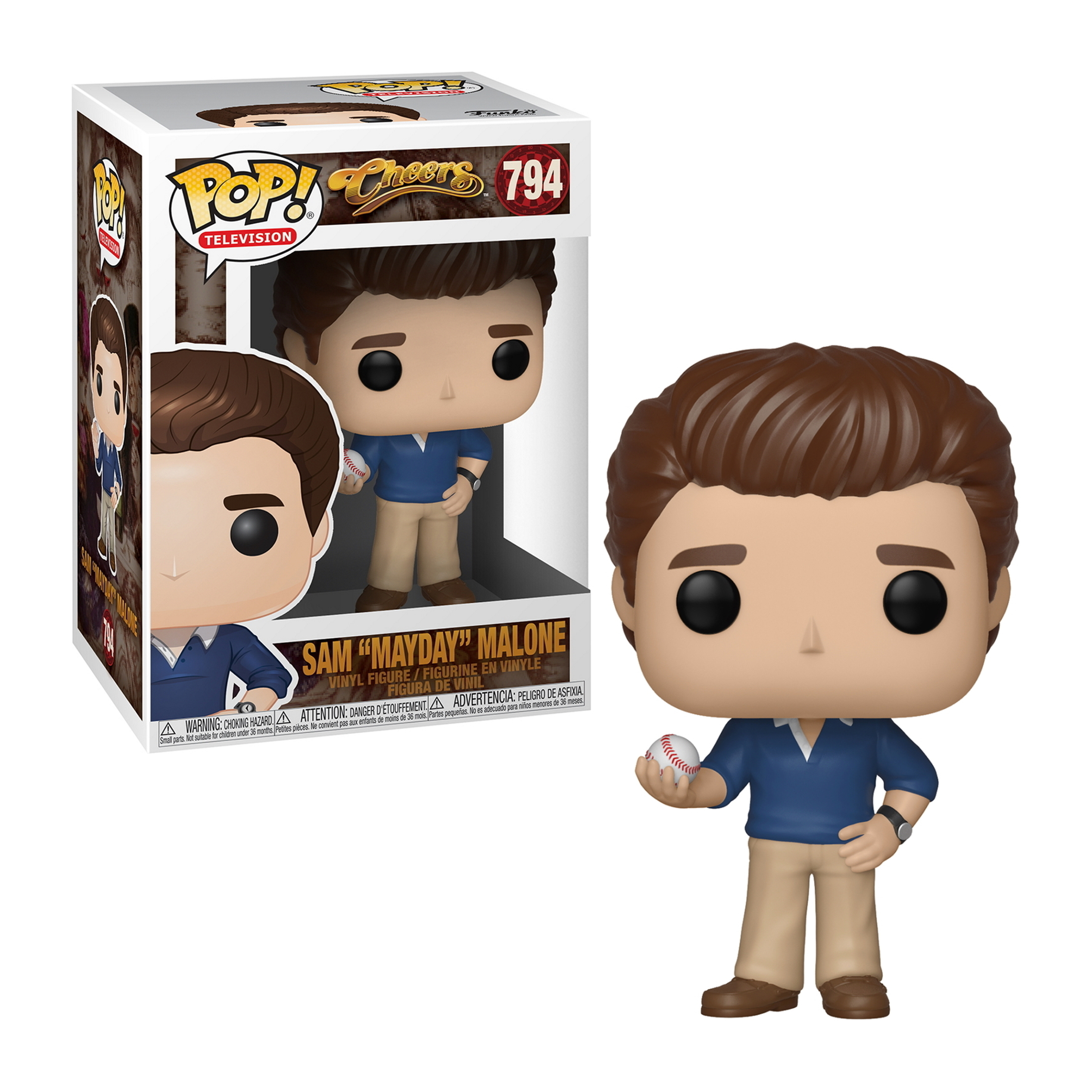 Funko Pop di Sam Malone di Cheers con una palla da baseball, con scatola.