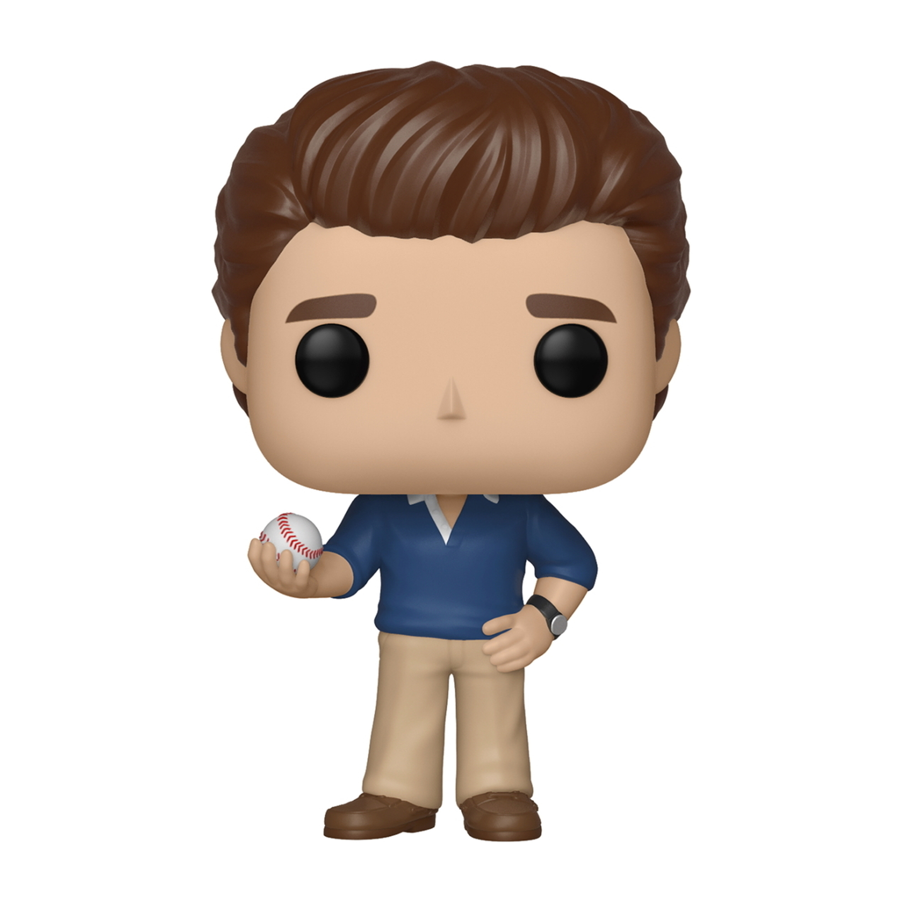 Una figura Funko Pop di un uomo che tiene una palla da baseball. Indossa una camicia blu e pantaloni kaki.