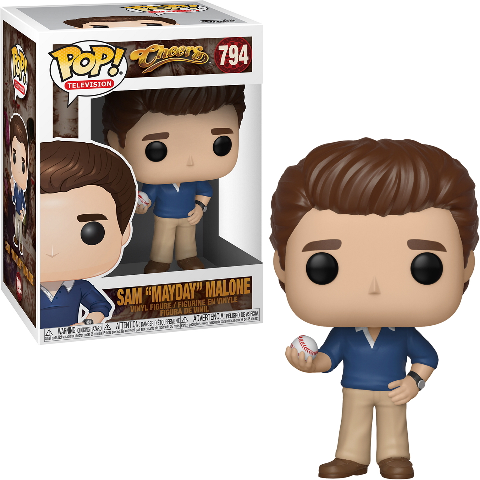 Figura Funko Pop di Sam Malone. Capelli castani, camicia blu, pantaloni kaki, tiene una palla da baseball.