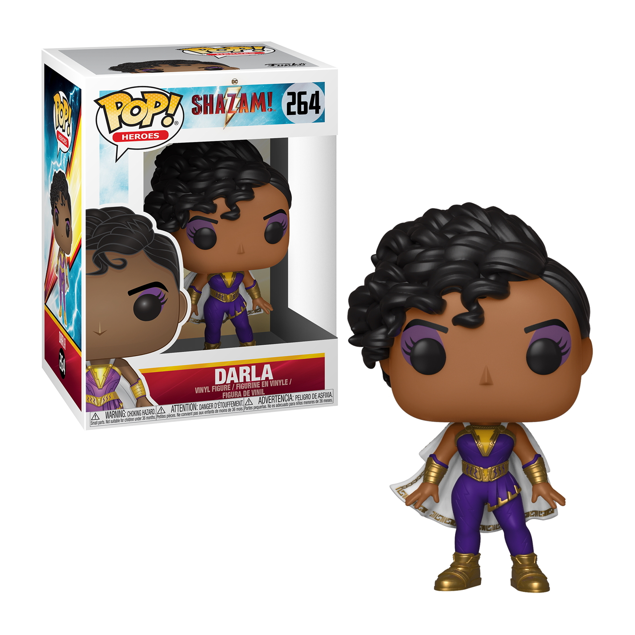 Figurka Darla Shazam Funko Pop w pudełku, w fioletowym kostiumie i pelerynie.