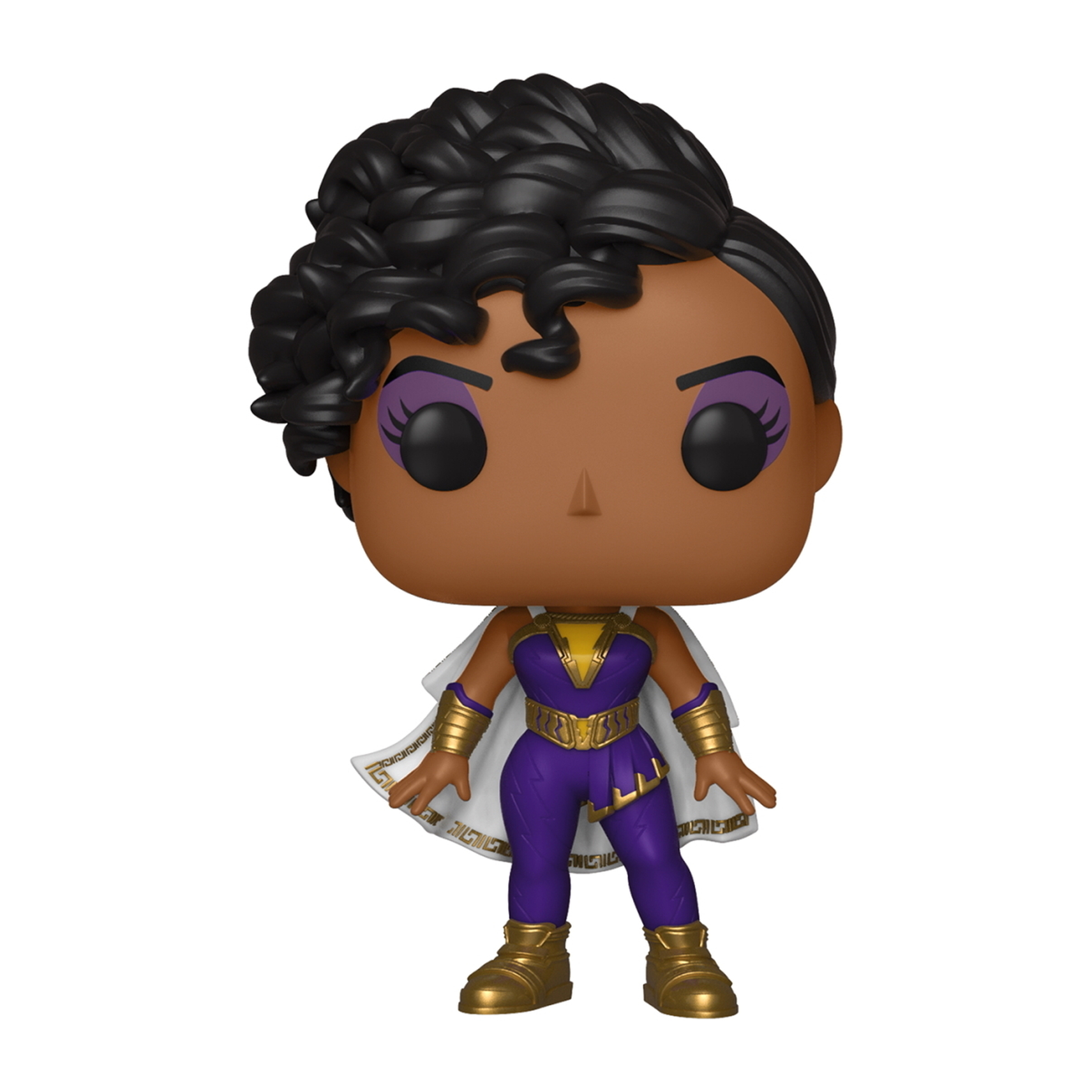 Figurka Storm z czarnymi kręconymi włosami, białym płaszczem i złotymi akcentami. Fioletowy i złoty strój, stojąca.
