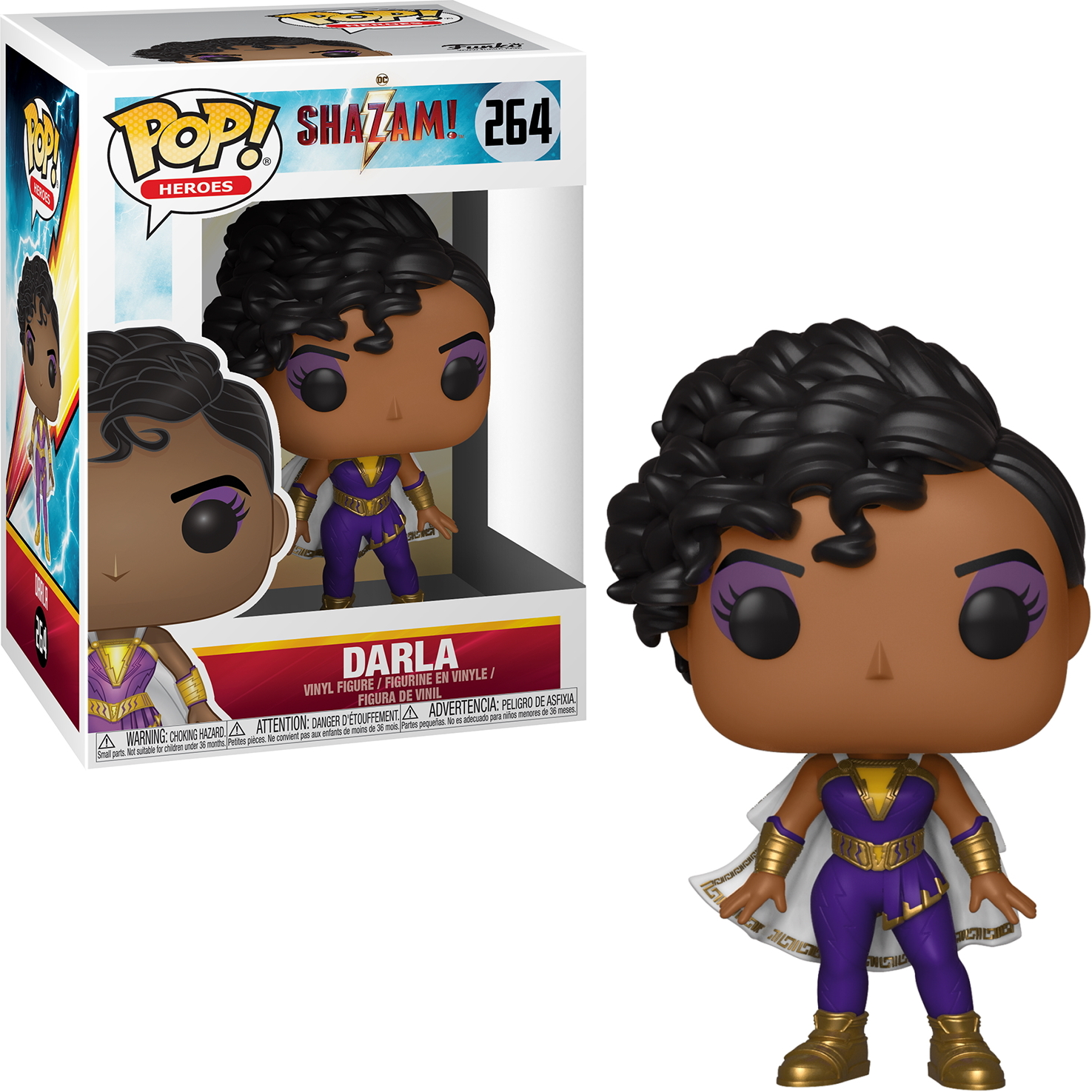Figurka Funko Pop! Darly z Shazam! w pudełku. Darla ma fioletowo-złoty strój.
