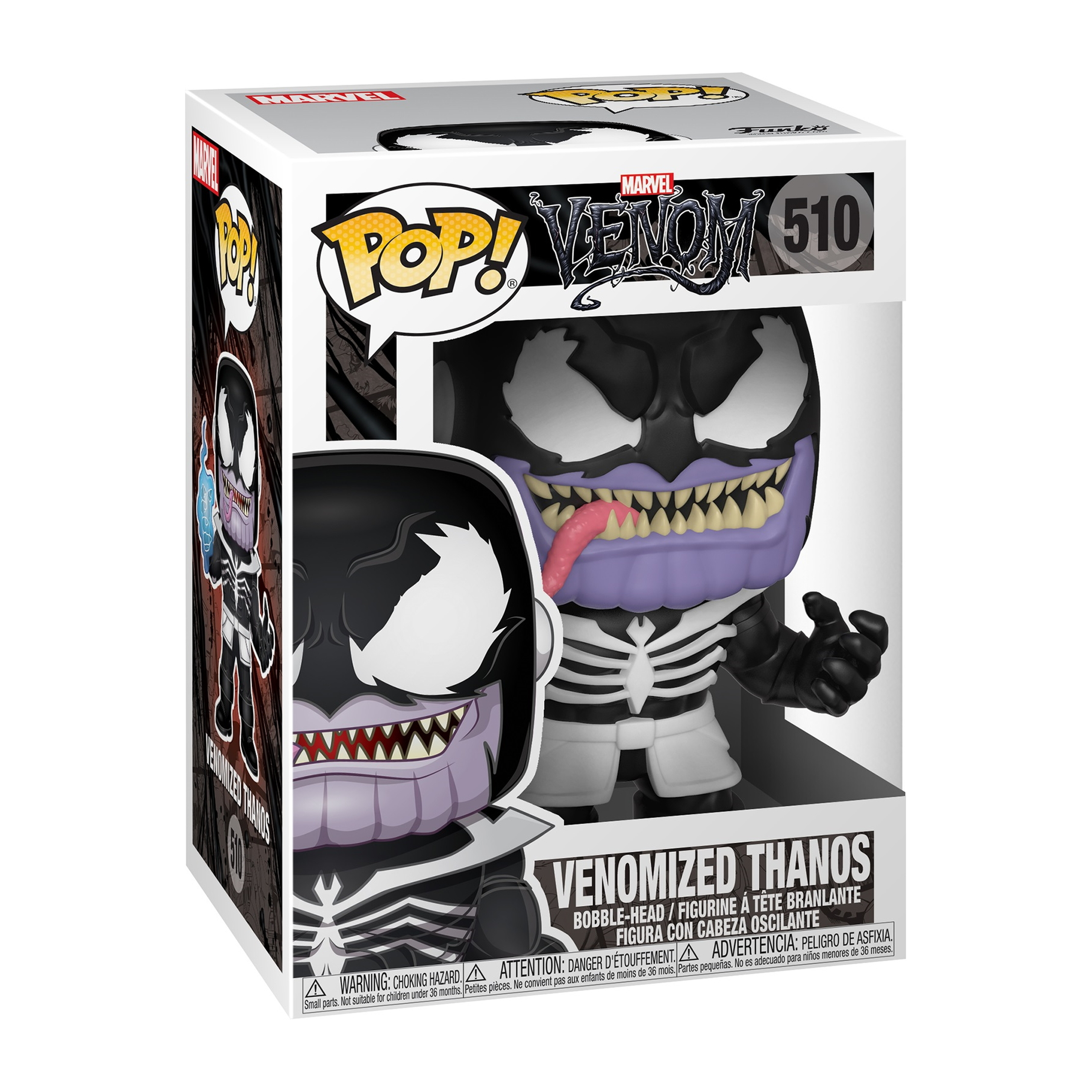 Venomized Thanos Figur in einer Box. Er hat eine lila Zunge und einen schwarz-weißen Anzug.
