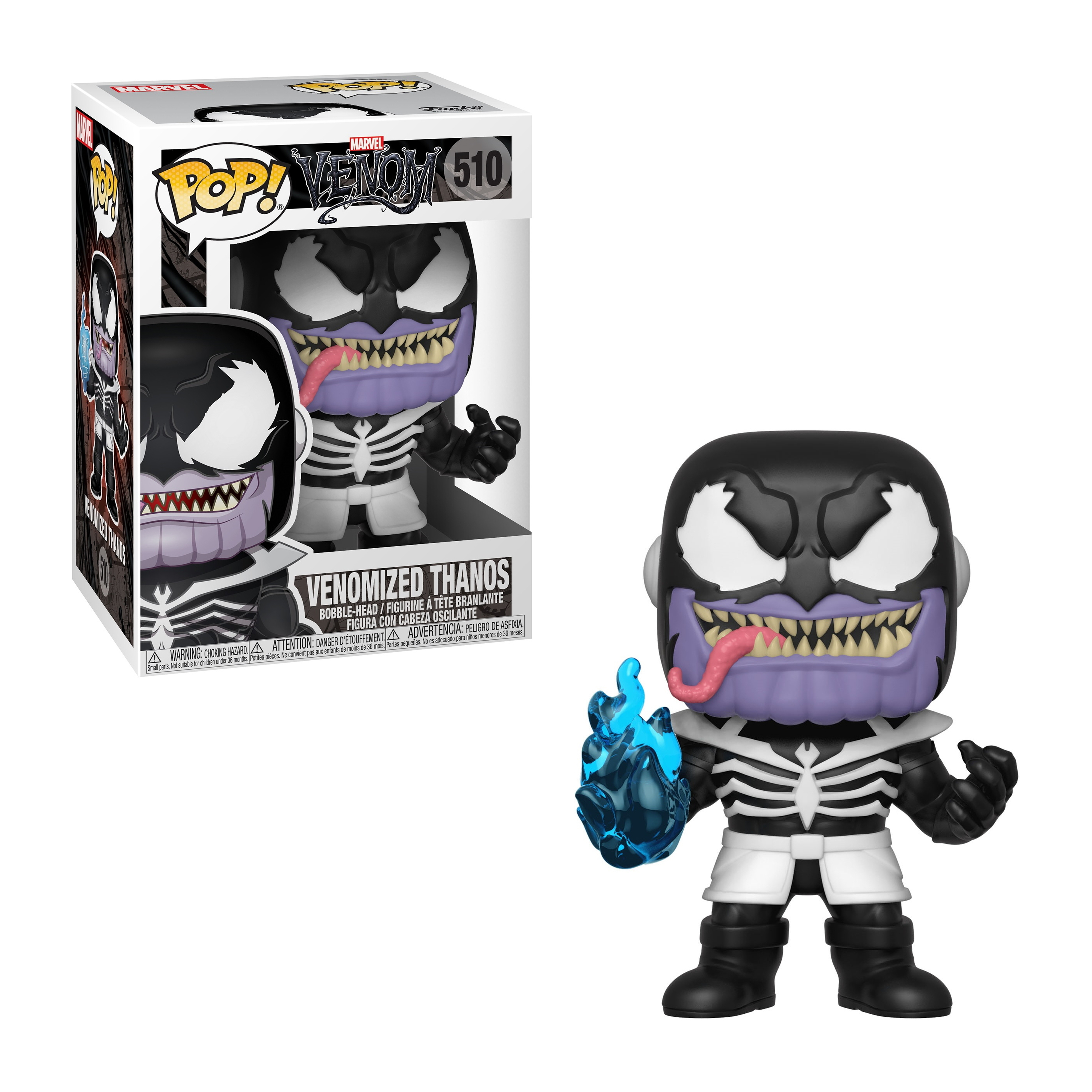 Funko Pop! Figur von Venomized Thanos. Schwarz-weißer Körper, lilafarbenes Gesicht, mit blauer Flamme.