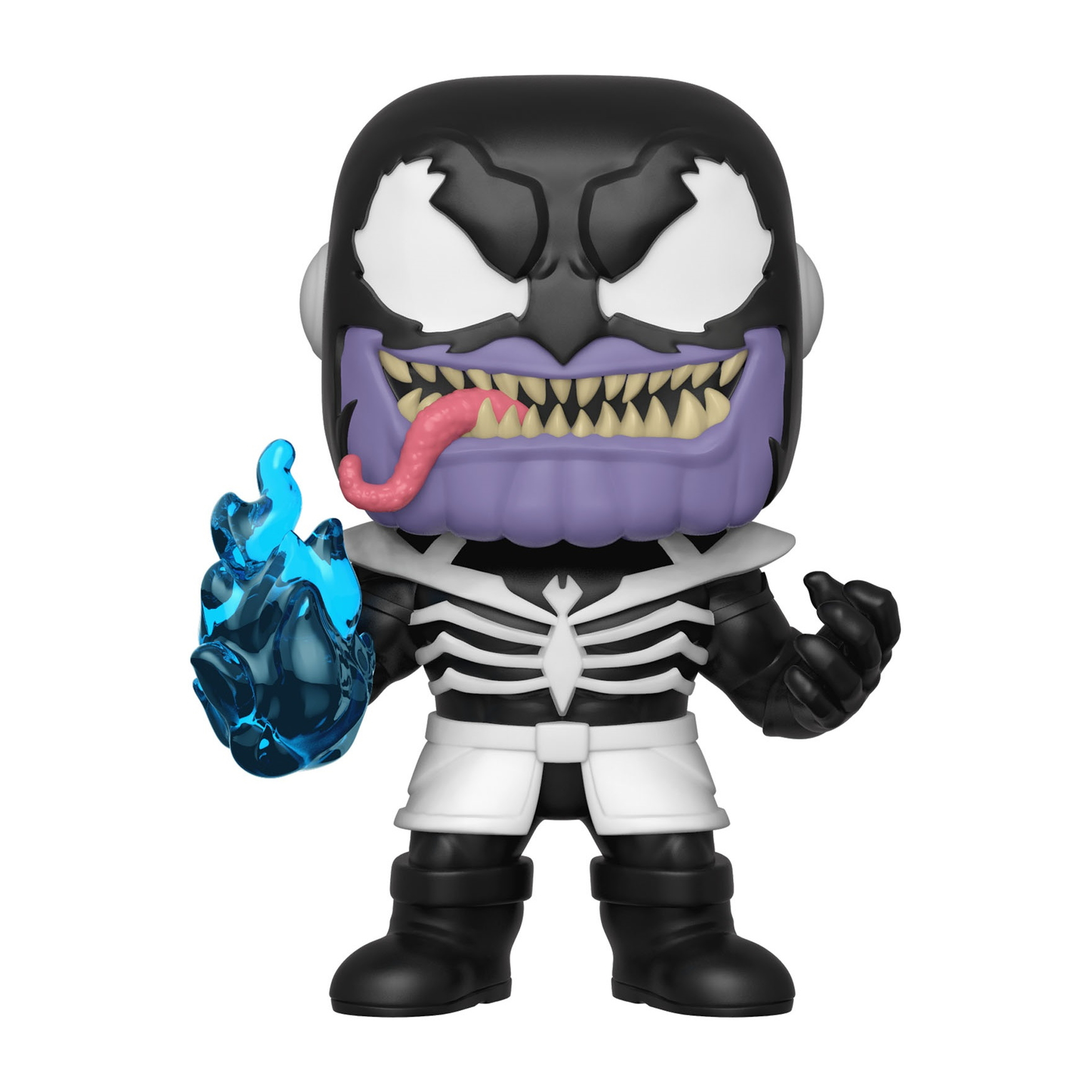 Eine Venom-Thanos Funko Pop Figur mit schwarzem Körper, weißen Knochen und blauer Energie.
