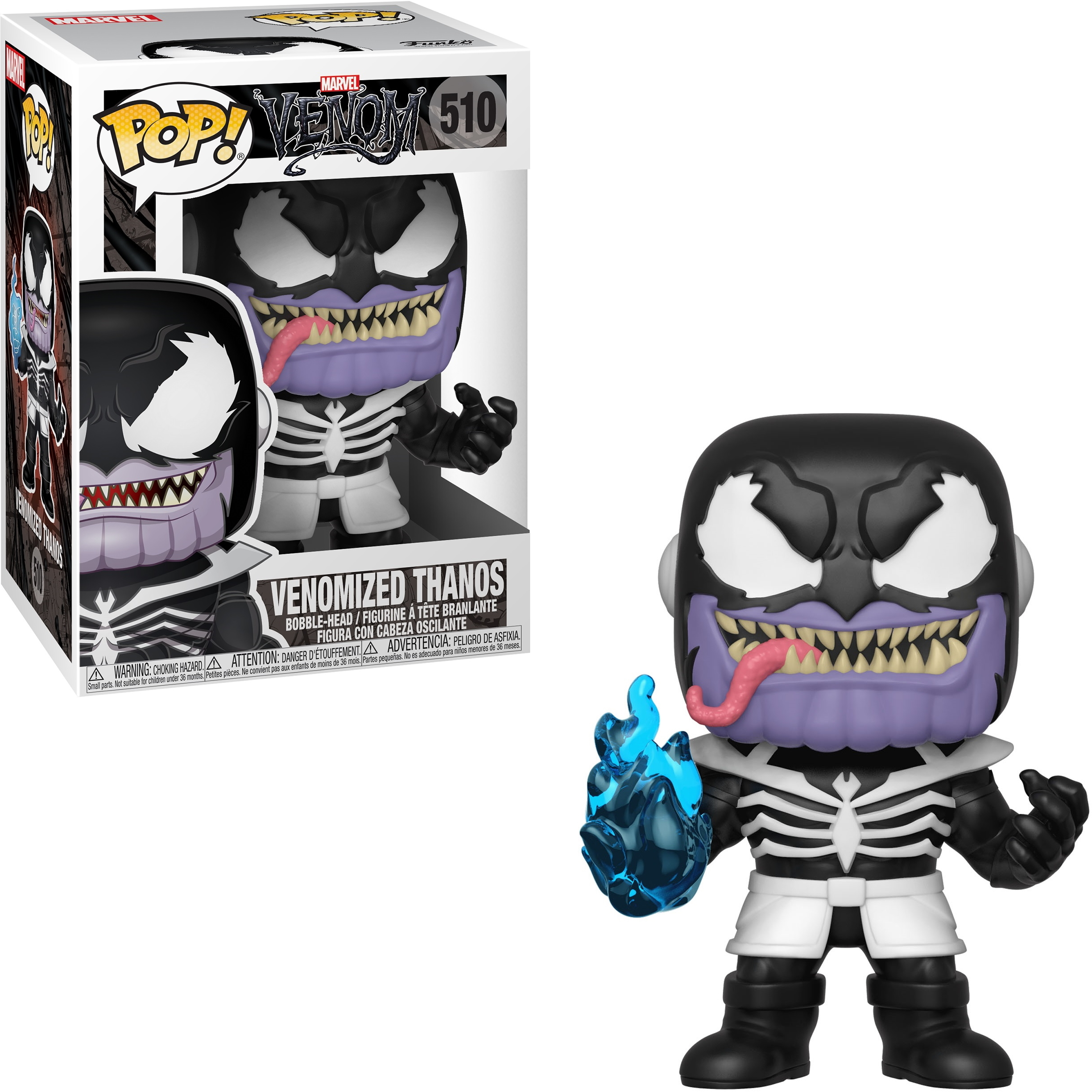 Eine Venomized Thanos Funko Pop-Figur mit Box. Sie hat einen schwarz-weißen Körper und einen lila Kopf.
