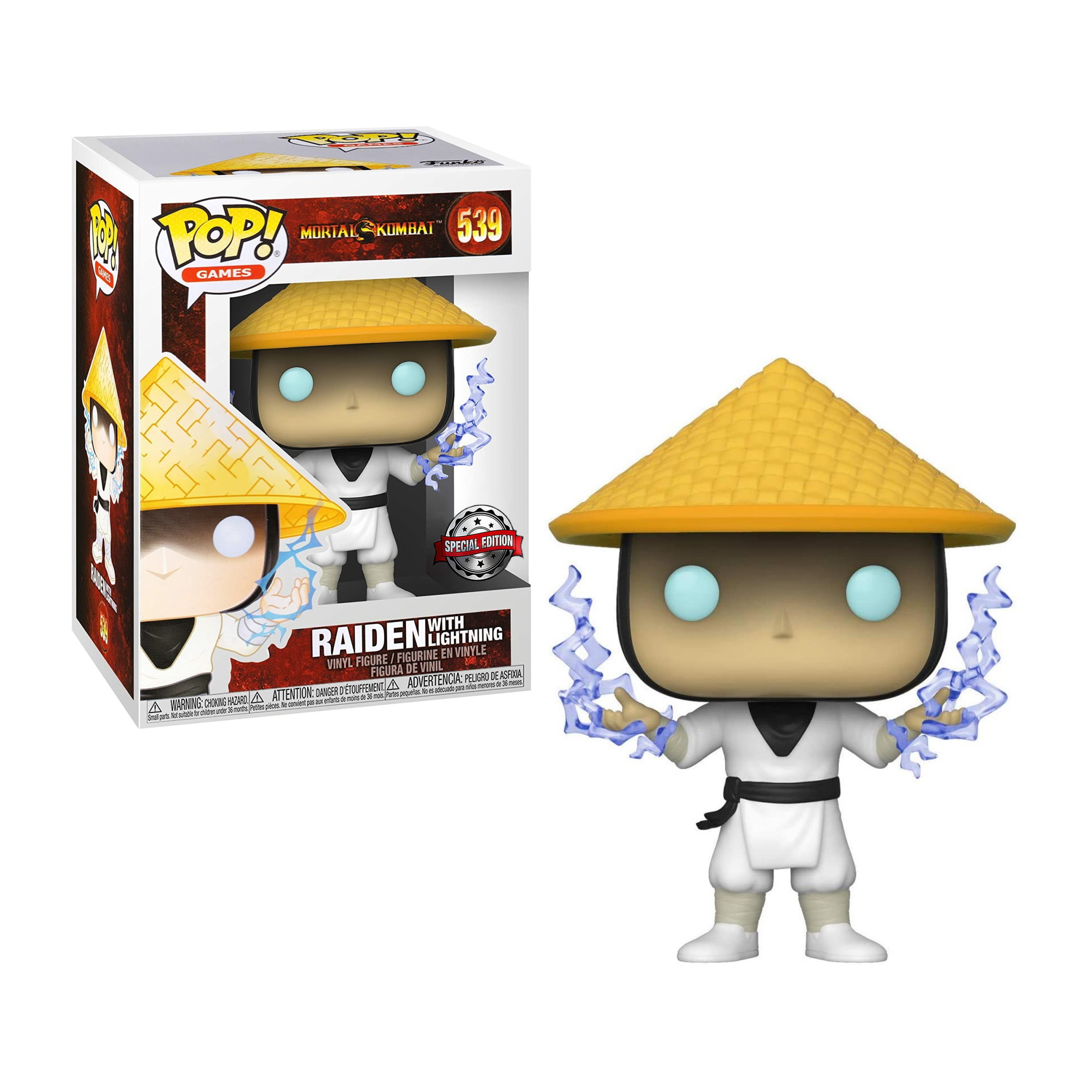 Raiden-Figur mit gelbem Hut und blauem Blitz. Es ist von Mortal Kombat mit einer Box.