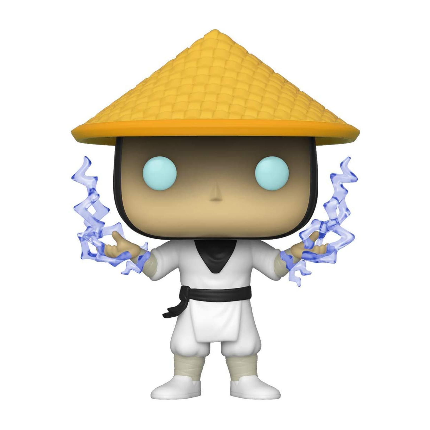 Eine Raiden-Figur mit gelbem Hut und blauem Blitz. Er hat ein weißes Outfit und einen schwarzen Gürtel.