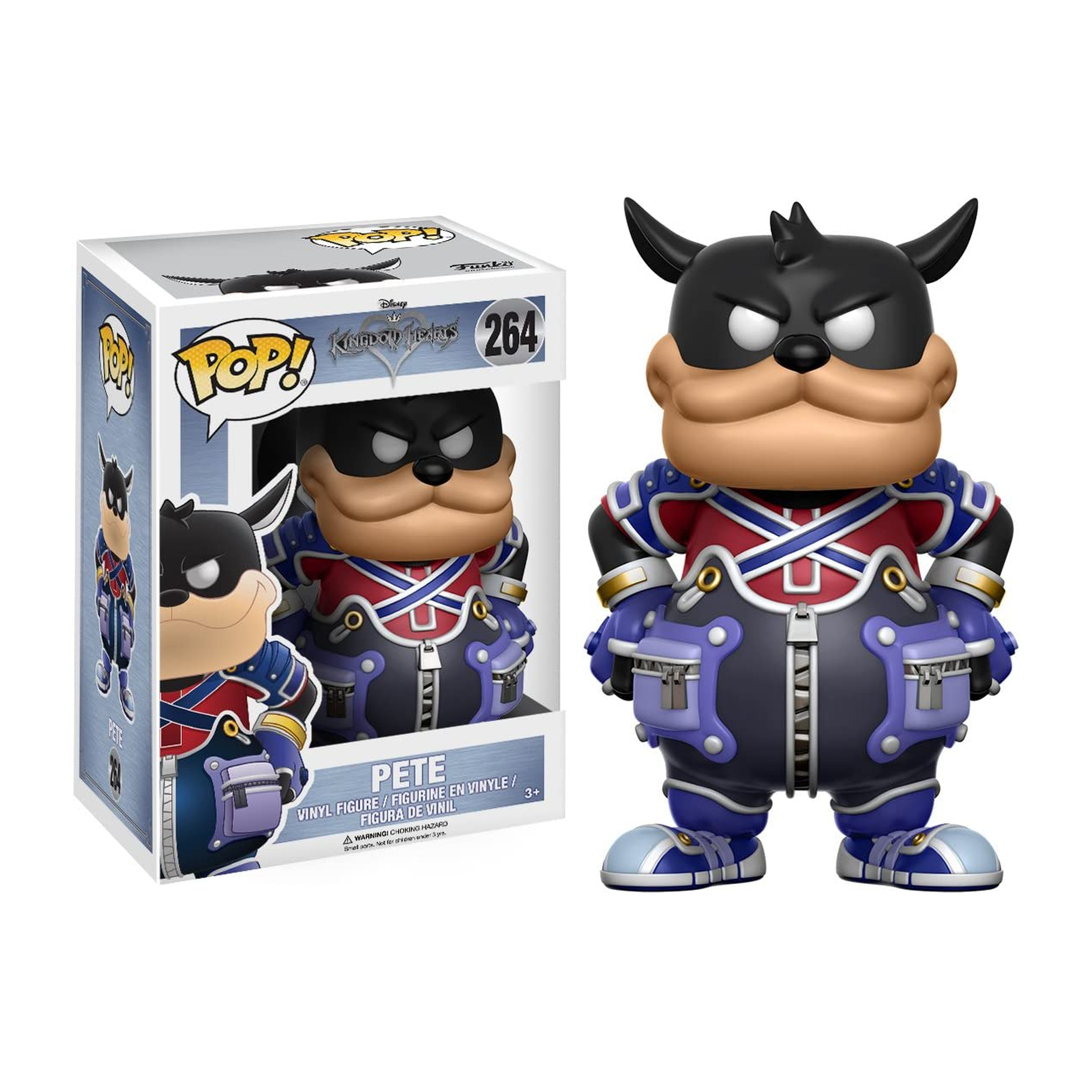 Eine Pete Disney Schurken Funko Pop Figur. Er trägt eine schwarze Maske und ein blau-rotes Outfit.