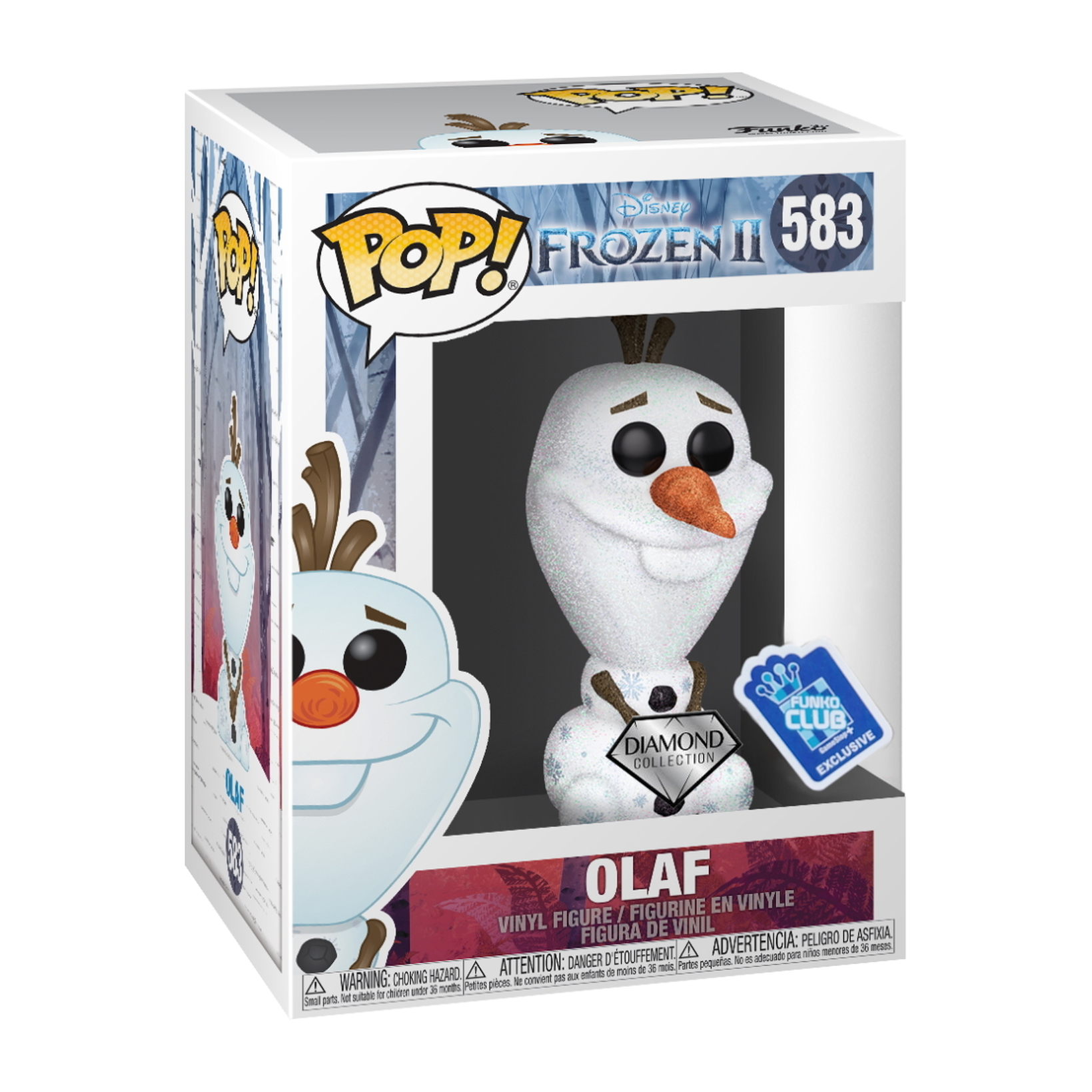 Eine Olaf Funko Pop Figur in einer Box. Olaf ist weiß mit einer Karottennase und schwarzen Augen. Die Box ist weiß.