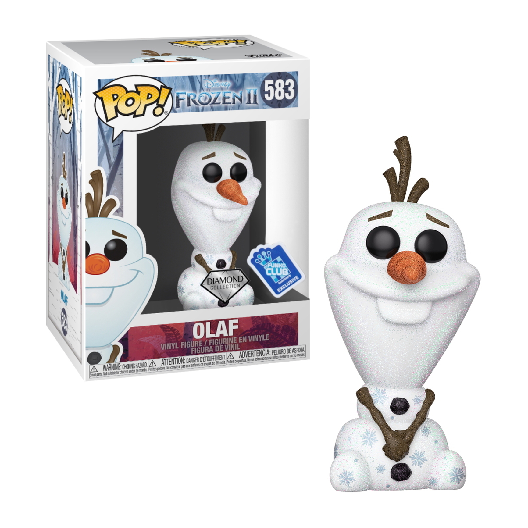 Olaf-Figur mit weißem Körper, Karottennase und Stockarmen. Box mit Bild daneben.