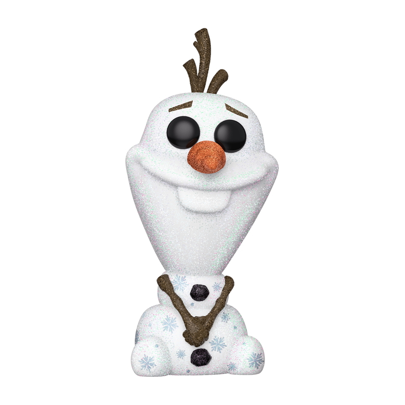 Olaf Funko Pop Figur mit einem glitzernden weißen Körper, einer orangenen Nase und braunen Zweighaar und -armen.